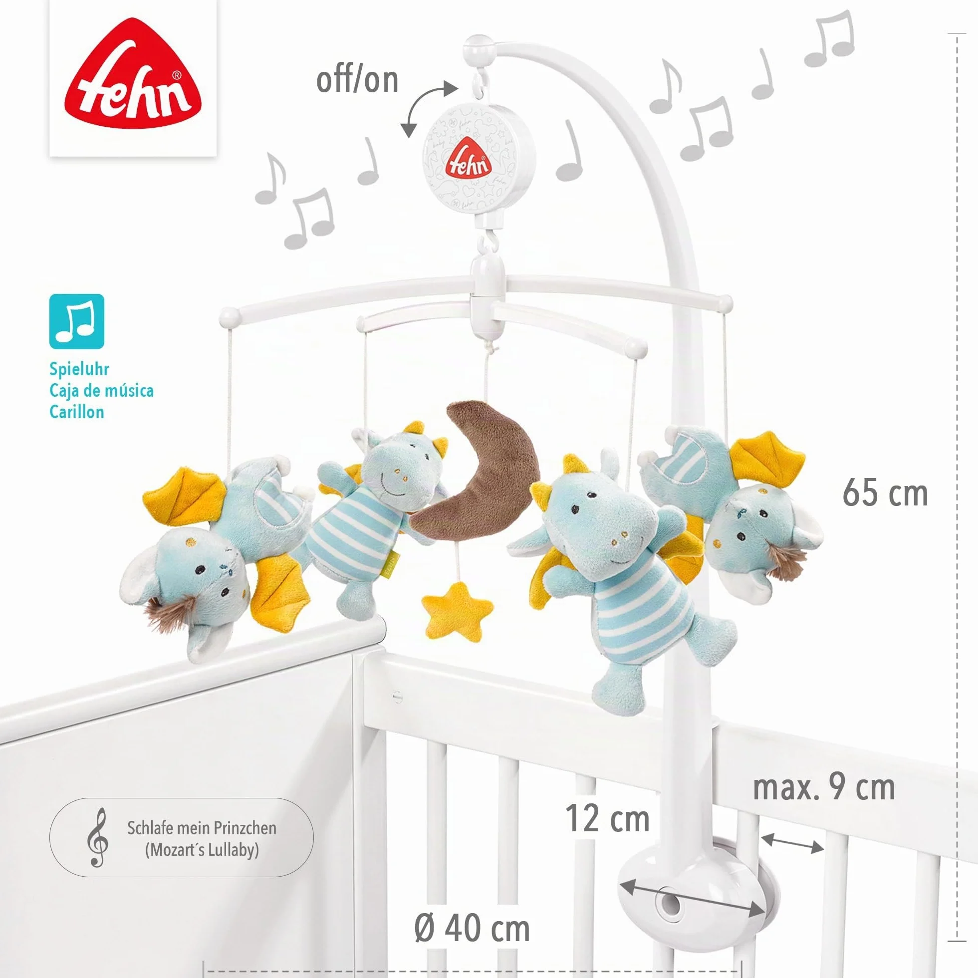 Fehn giostrina musicale Little Castle - mobile da appendere con melodia musicale ninna nanna di Mozart e personaggi per calmare e intrattenere - Con fissaggio al letto per bambini da 0 a 5 mesi