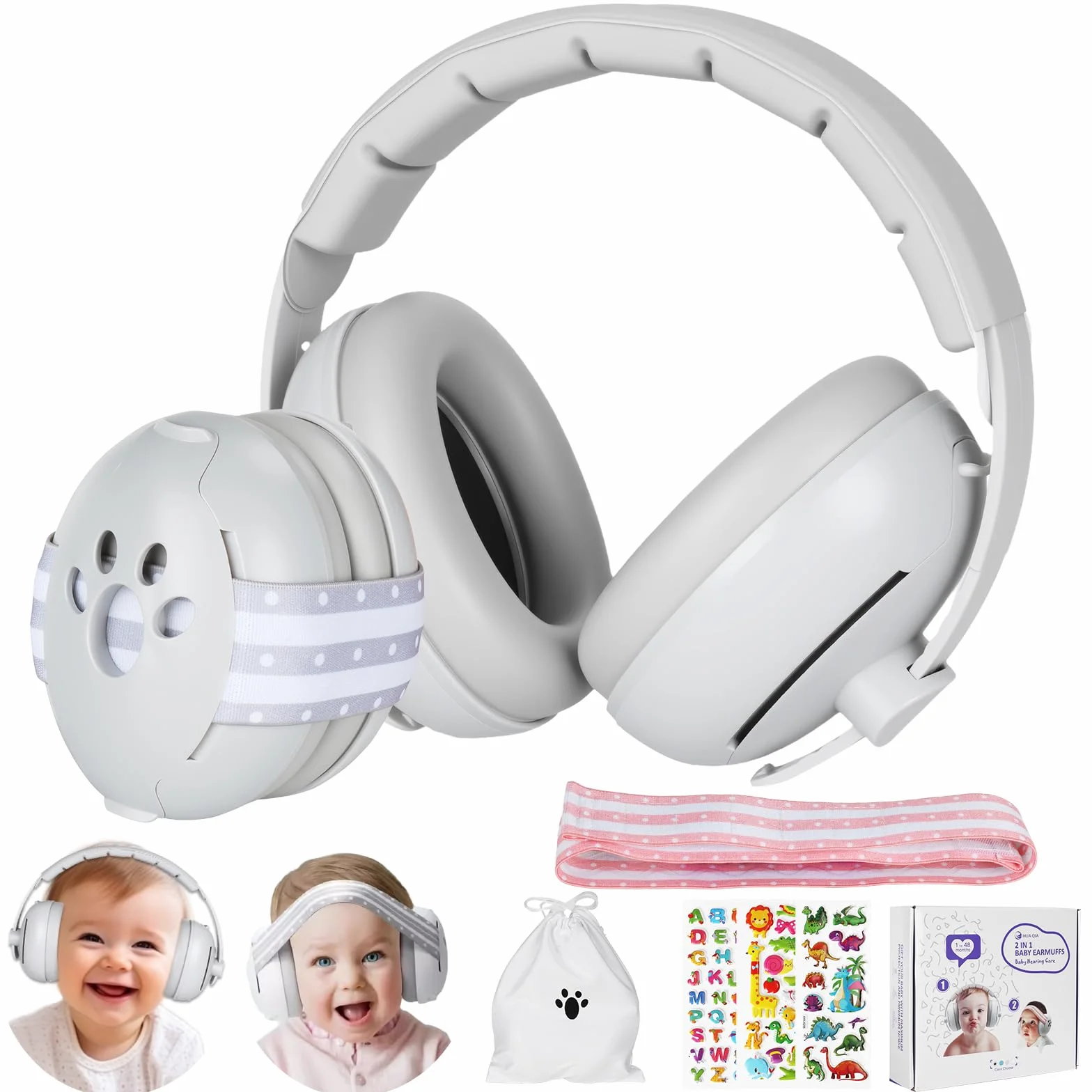 Cuffie Antirumore bambino, 2 in 1 per Neonati da 0 a 36 Mesi e Bambini da 3 a 8 Anni, Elastiche Regolabili, Protezioni Acustiche per Migliorare il Sonno in Viaggio