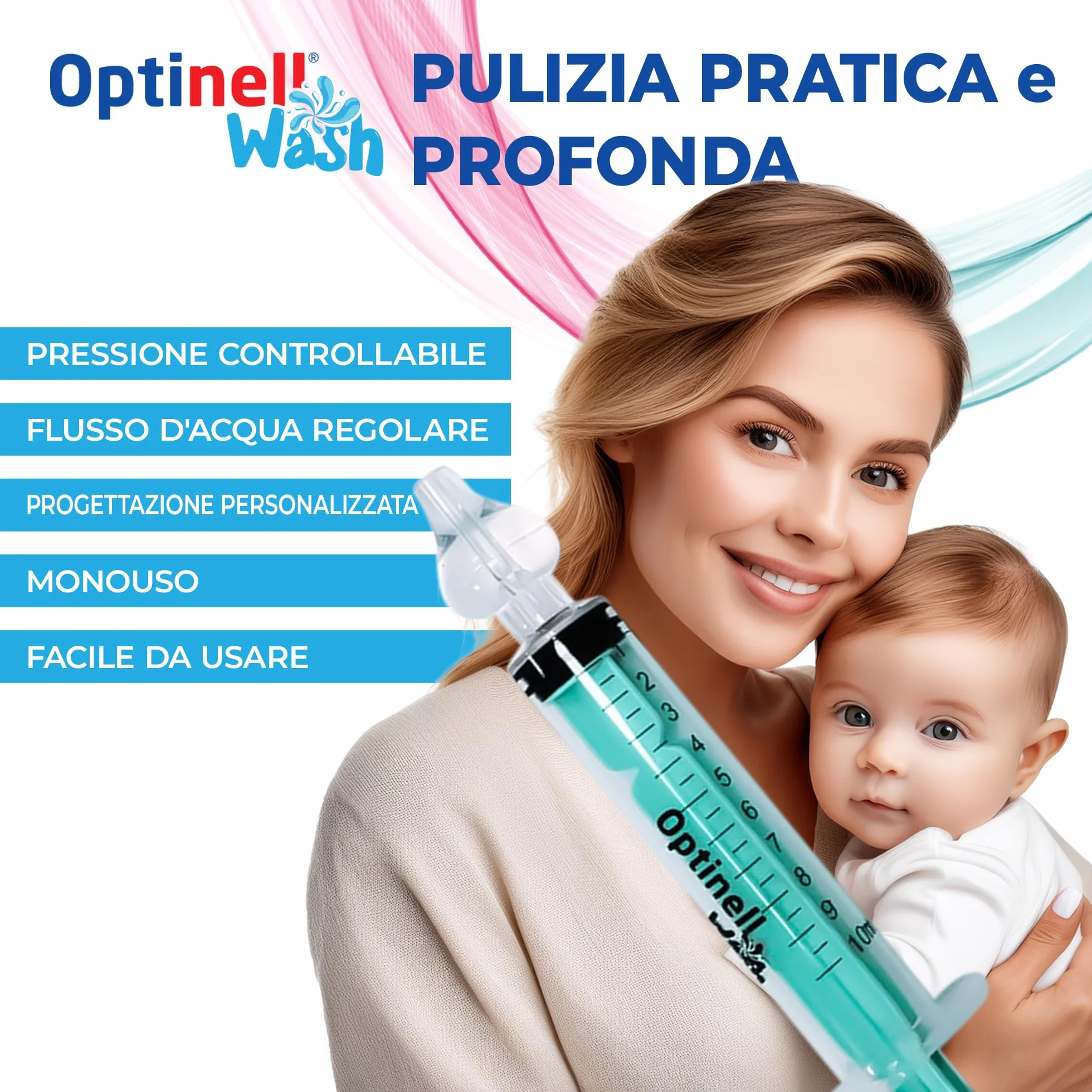 Optinell Wash – Siringa per Lavaggi Nasali Bambini 10ml con Beccuccio in Silicone Morbido | Kit Lavaggio Nasale per Neonato e Bambino | Senza BPA, Riutilizzabile, Igienico (2 Pezzi)