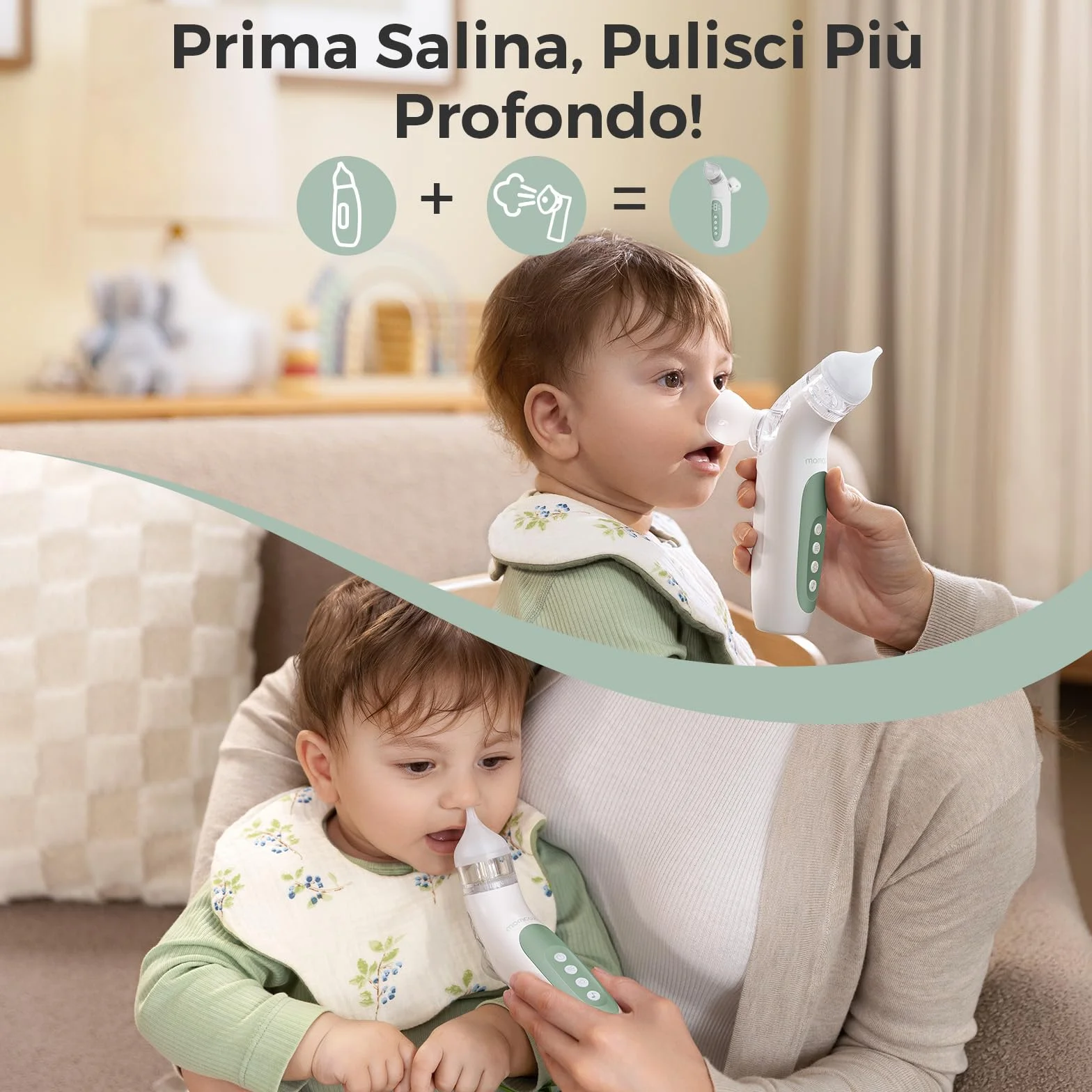 Momcozy BreezyClea Aspiratore Nasale Neonato Elettrico 2 in 1 con Spray, Aspirazione 65 kPa di Grado Ospedaliero, 4 Livelli Regolabili, Silenzioso e Portatile, Luce e Musica Calmanti
