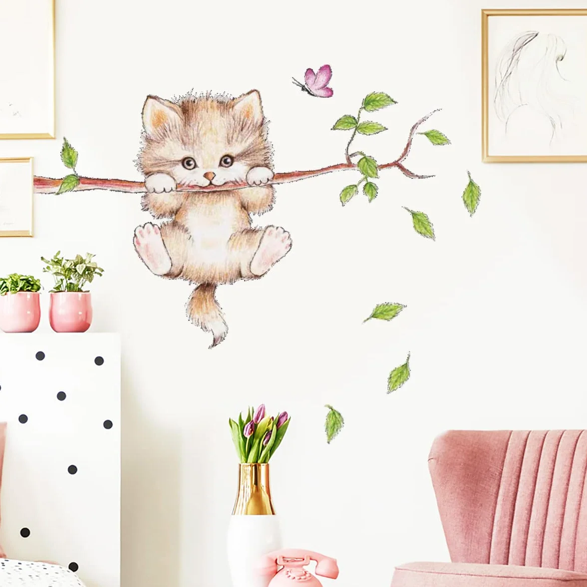 WandSticker4U®- Adesivi murali GATTO sul RAMO cameretta bambini (70x55 cm) I Murales adesivi parete gatto gattino albero ramo animali dolci I Decorazioni sticker muro camera da letto bambini