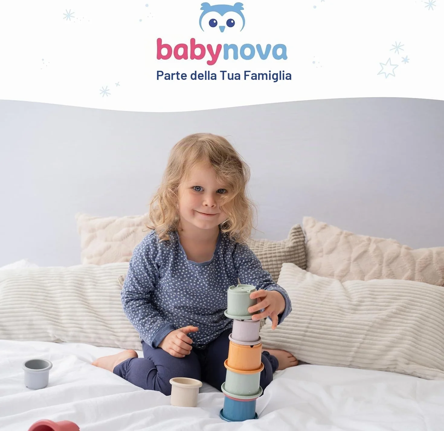 babynova Catenella portaciuccio con cinturino in tessuto, clip e anello in silicone – Portaciuccio per neonati – Adatto a qualsiasi ciuccio – Essenziale per neonati – Senza BPA – Blu