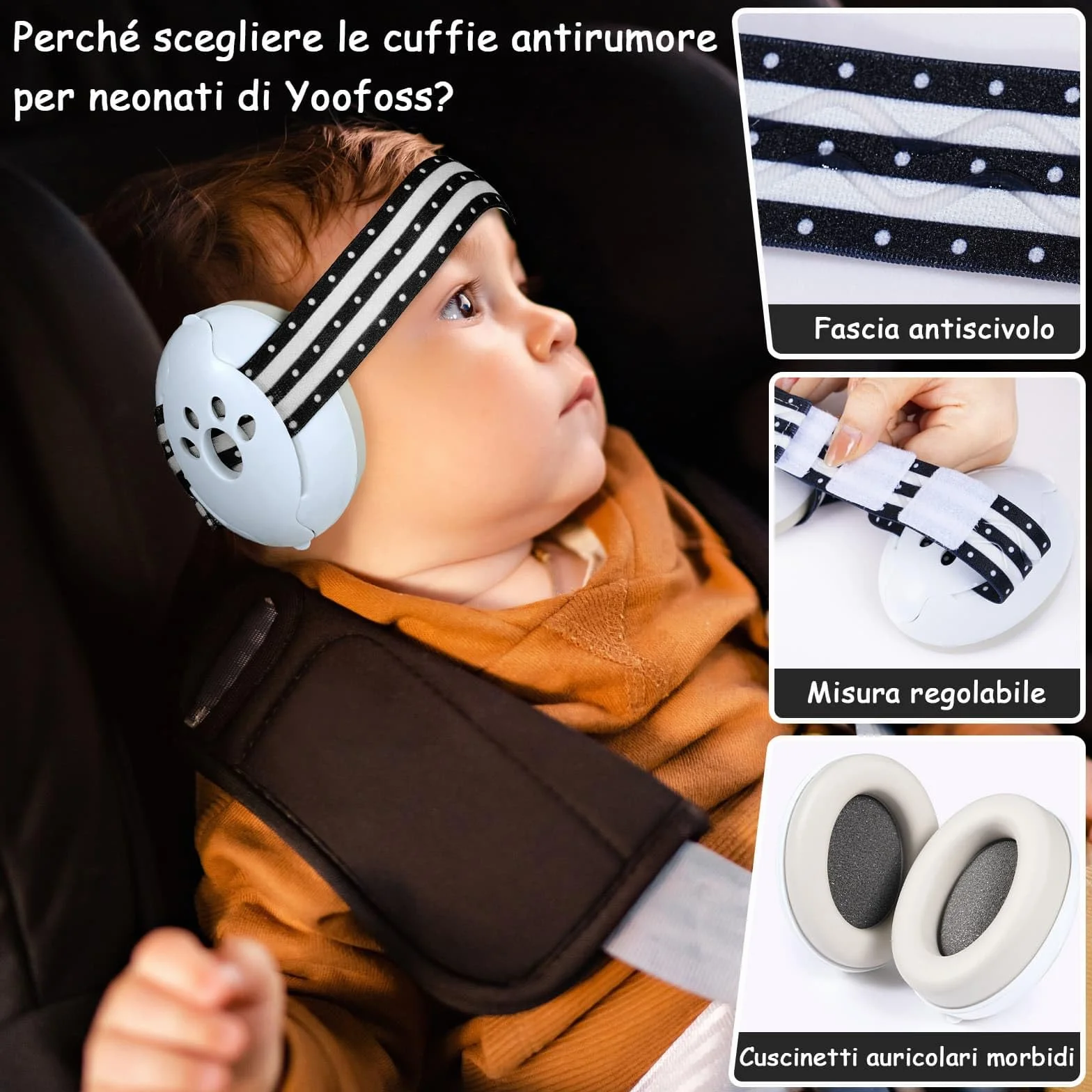 Yoofoss Cuffie Neonato Antirumore - Protezione dell'udito fino 25 dB - Protettori Acustici per Neonati 0-36 Mesi - Ideale per Viaggi in Aereo - CE - Fascia Regolabile, Confortevoli Paraorecchie - Nero