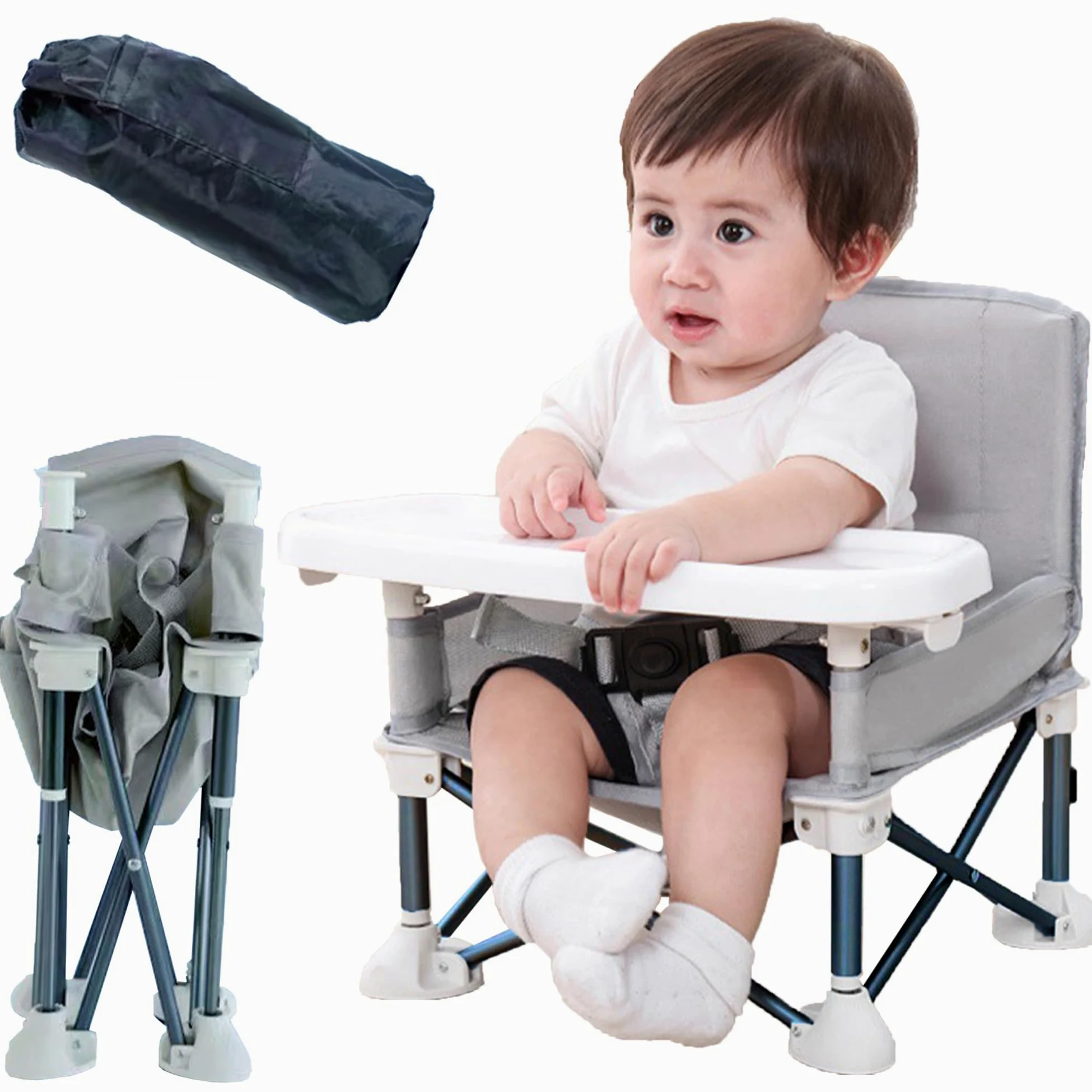 JIAMAIN - Seggiolone pieghevole per bambini, con cinturino regolabile e vassoio rimovibile, seggiolino portatile per l'alimentazione del bambino (grigio)