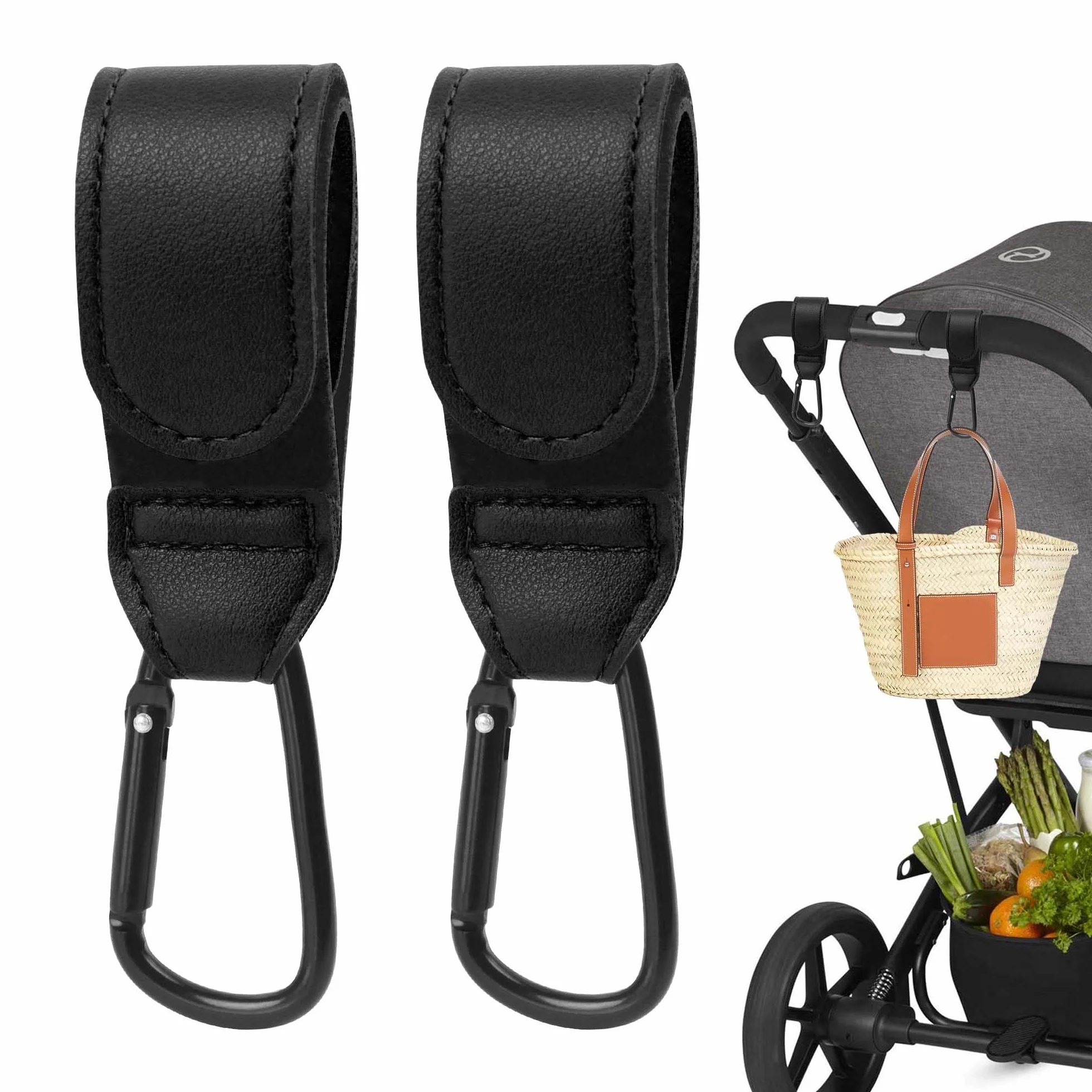 2 Pezzi Ganci per Passeggino, Moschettoni per Carrozzina Universali in Pelle, Accessori Passeggino per Porta Borse Della Spesa, Cambio Bambino, Zaini, Mamma Pannolino Borsa (Nero)