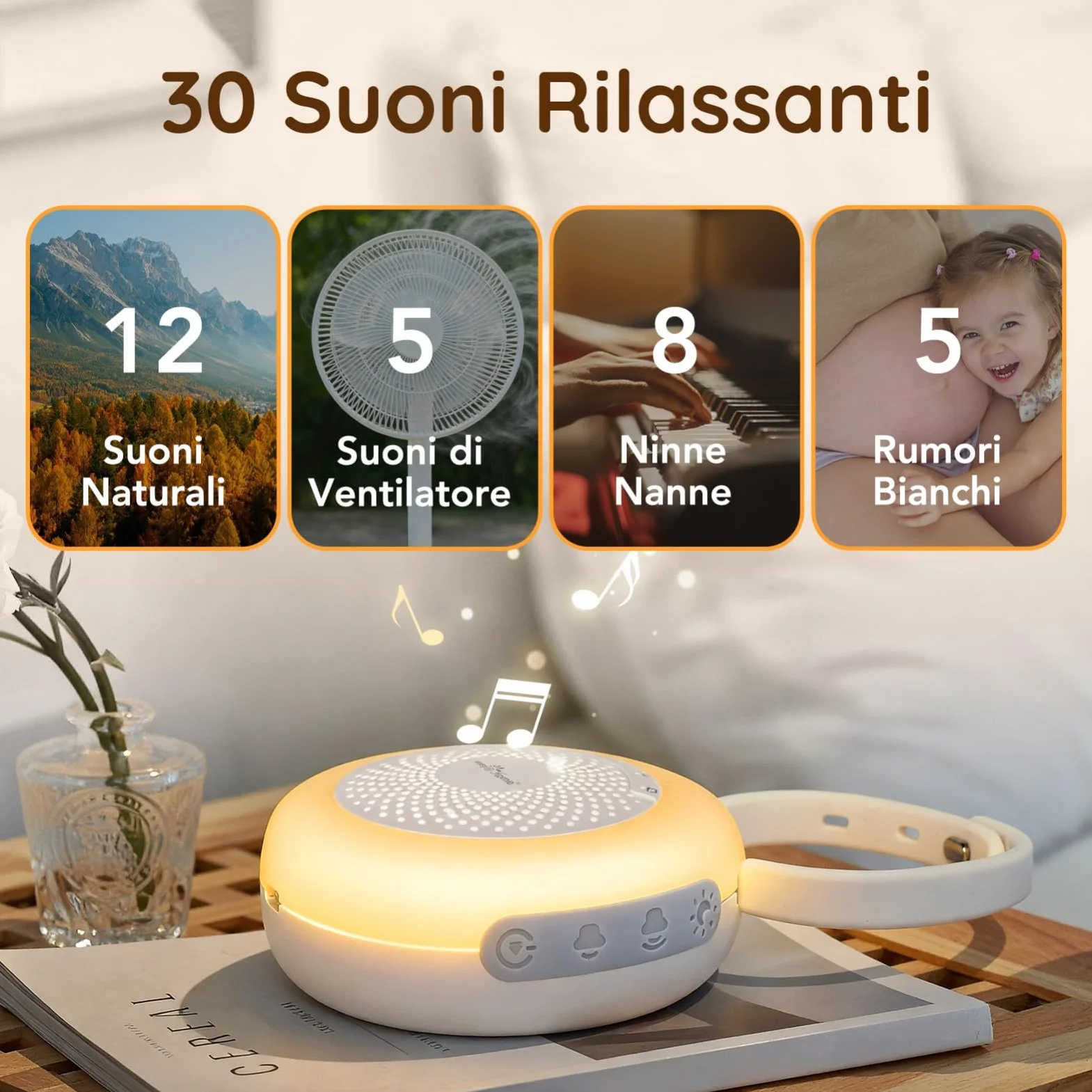 Easy@Home Macchina per Rumori Bianchi Portatile con 30 Suoni Rilassanti, Timer Automatico e Luce Notturna | Ideale per Neonati e Adulti, Generatore di Rumore Bianco per Dormire e Rilassarsi