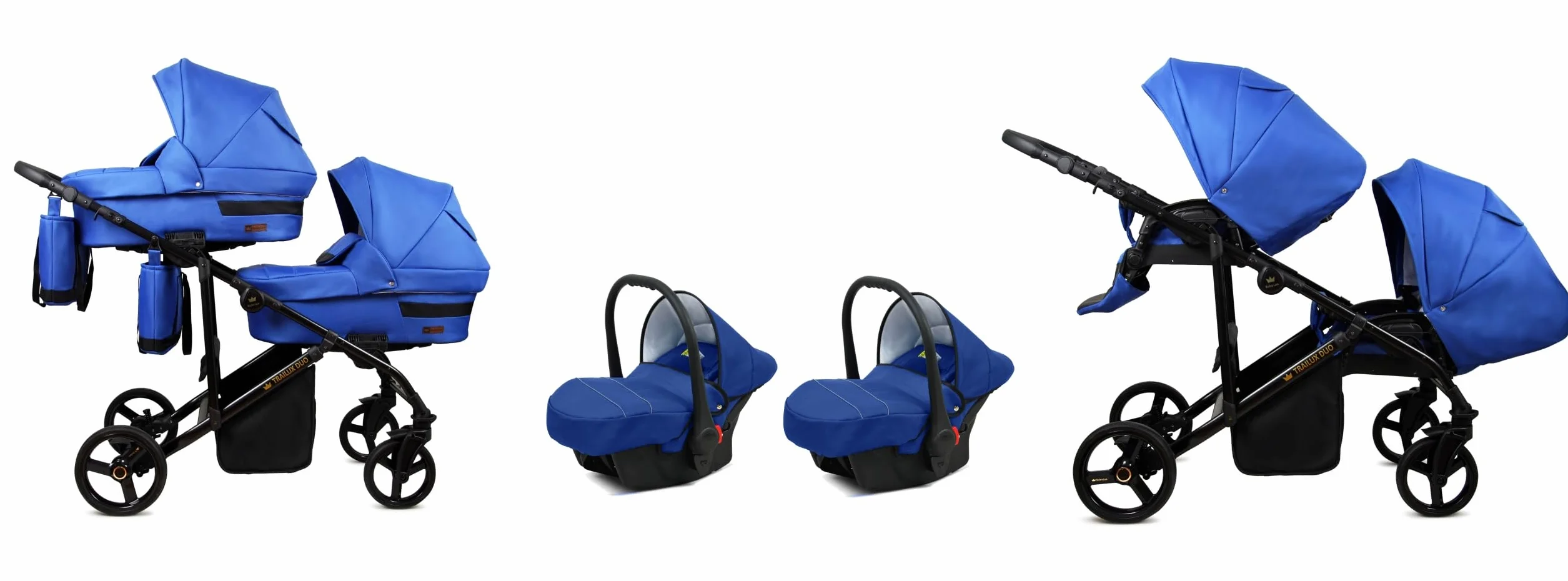 BabyLux® Bambini Passeggino per gemelli Completo Set 3 in 1 - Duo | Sapphire - Navicella, Canna, Seggiolino Auto - Carrozzina Neonati Sistema Combinato - con Borsa fasciatoio, Copertura antipioggia