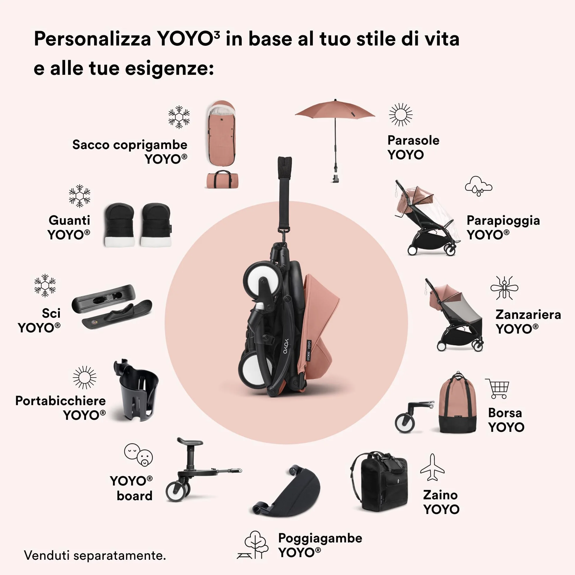 Stokke YOYO 6+ Color Pack, Ginger - Solo tessuti: cuscino per seduta, capottina estendibile e tasca posteriore con cerniera - Richiede telaio YOYO (venduto separatamente)