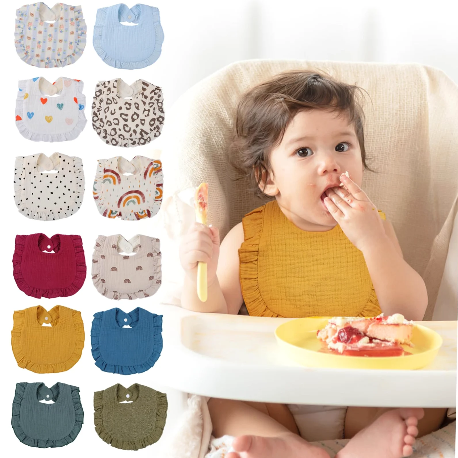 VALICLUD 12pezzi Bavaglini Assorbenti Muslin Per Ragazzo Ragazza Bavaglini Regolabili Con Chiusura Pulsante Per Pappa e Sbavature Unisex Morbido e Assorbente Per Comfort Quotidiano