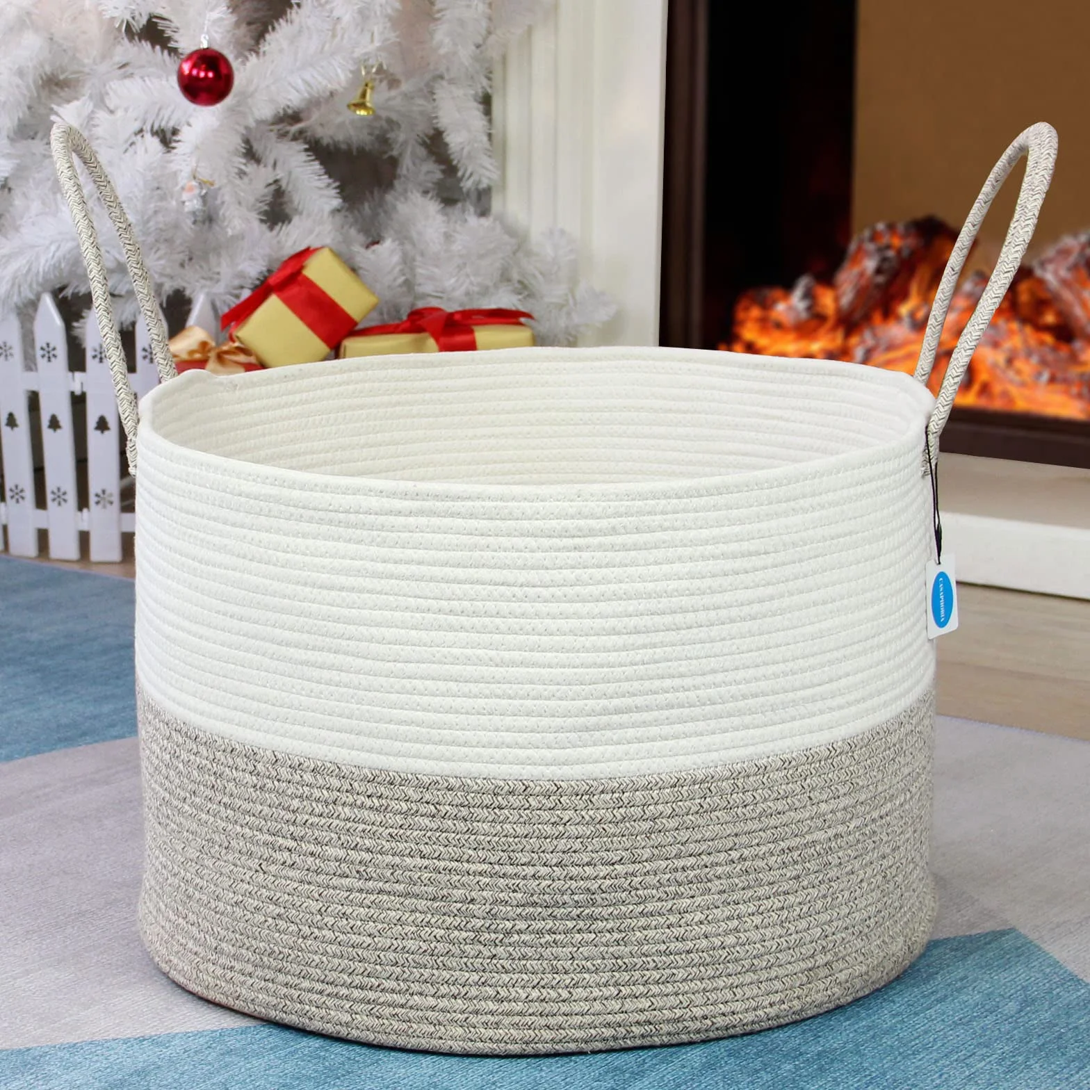 Casaphoria XXXL, cesto portaoggetti in corda di cotone per soggiorno, con manico lungo, per coperte, asciugamani e cuscini, cesto portabiancheria | crema bianco e marrone (55,9 x 55,9 x 35,6 cm)