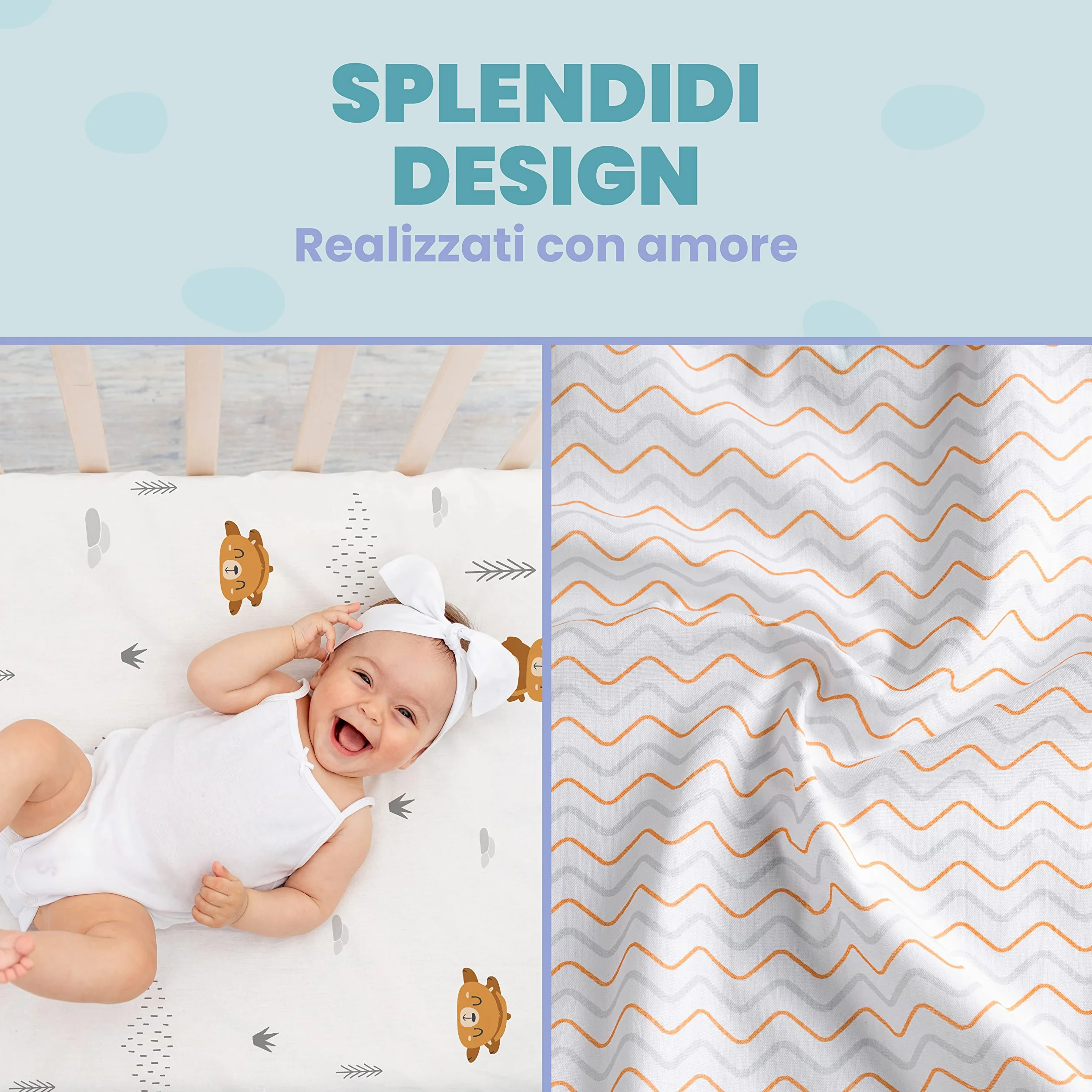 Lenzuola Next To Me 3-in-1 Set da 2 + Coprimaterasso Impermeabile 50x83 cm per Culla Co-sleeping Motivo Orsetti