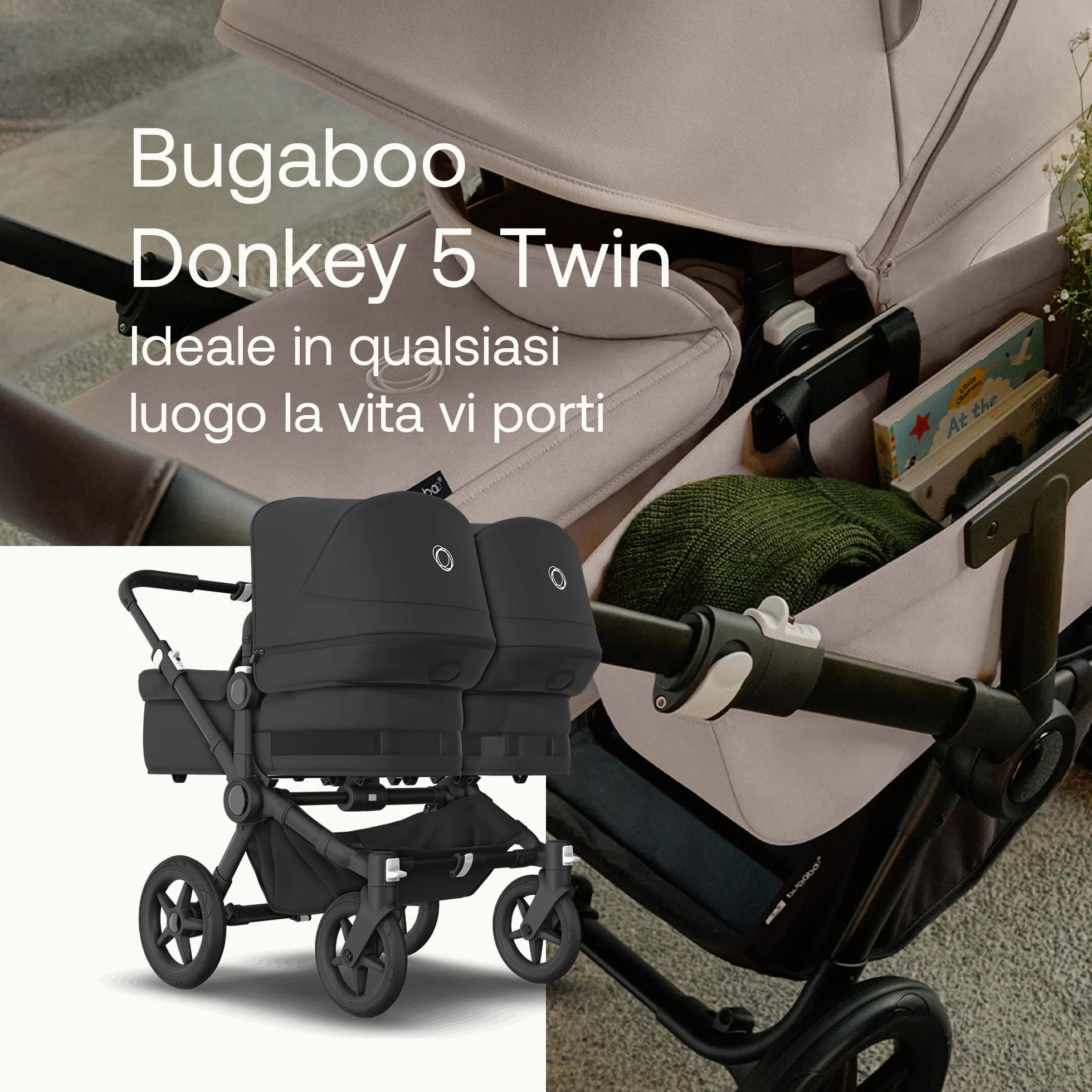 Bugaboo Donkey 5 Twin, Set di Conversione Passeggino Completo, Affiancato, Design Migliorato, Seduta Reversibile, Guida a una Mano e Archiviazione Espandibile, Midnight Black