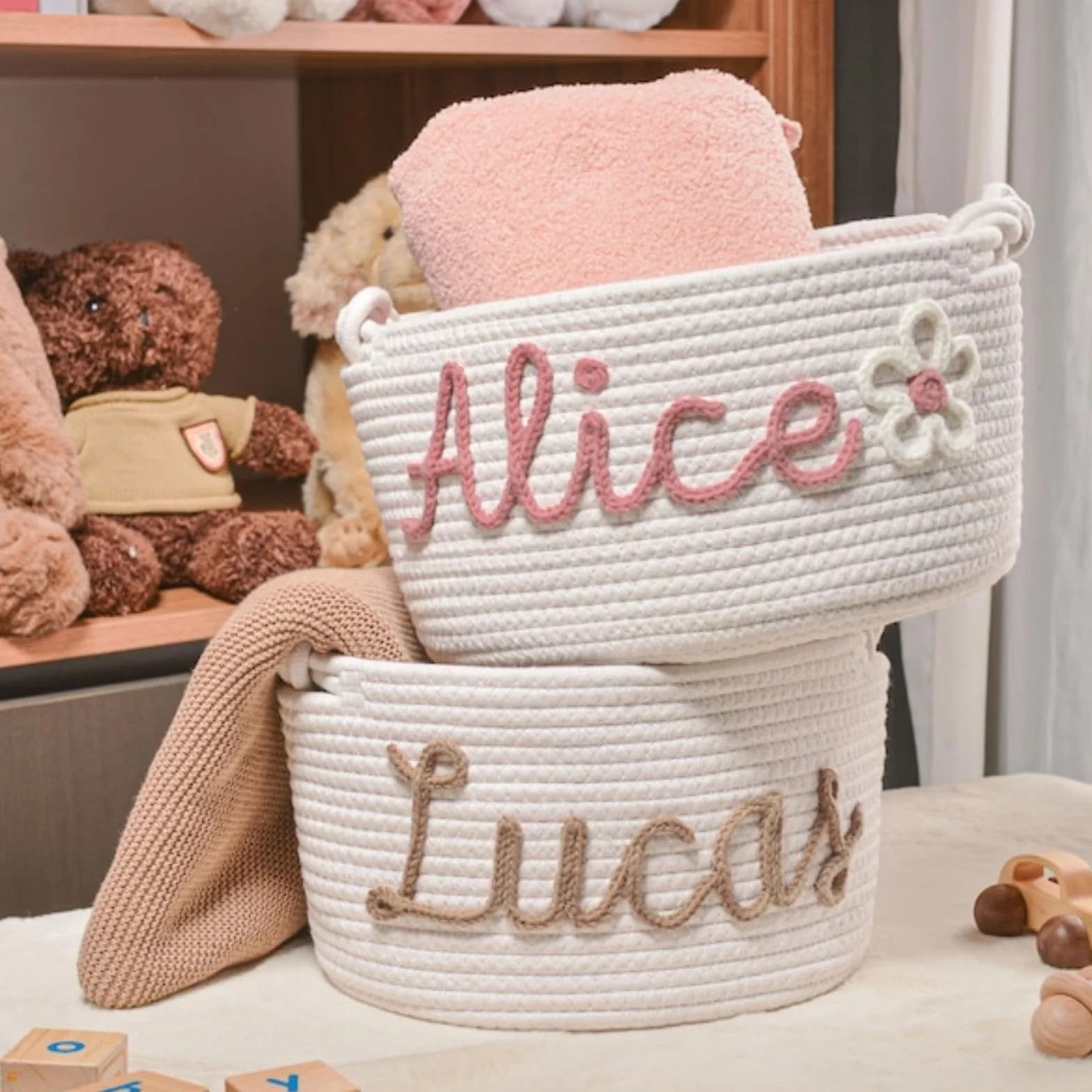 Cesto regalo personalizzato per neonati, in corda di cotone, per baby shower, cesto per giocattoli, cesto per bambini, organizer per giocattoli per bambini, decorazione per la cameretta dei bambini (L