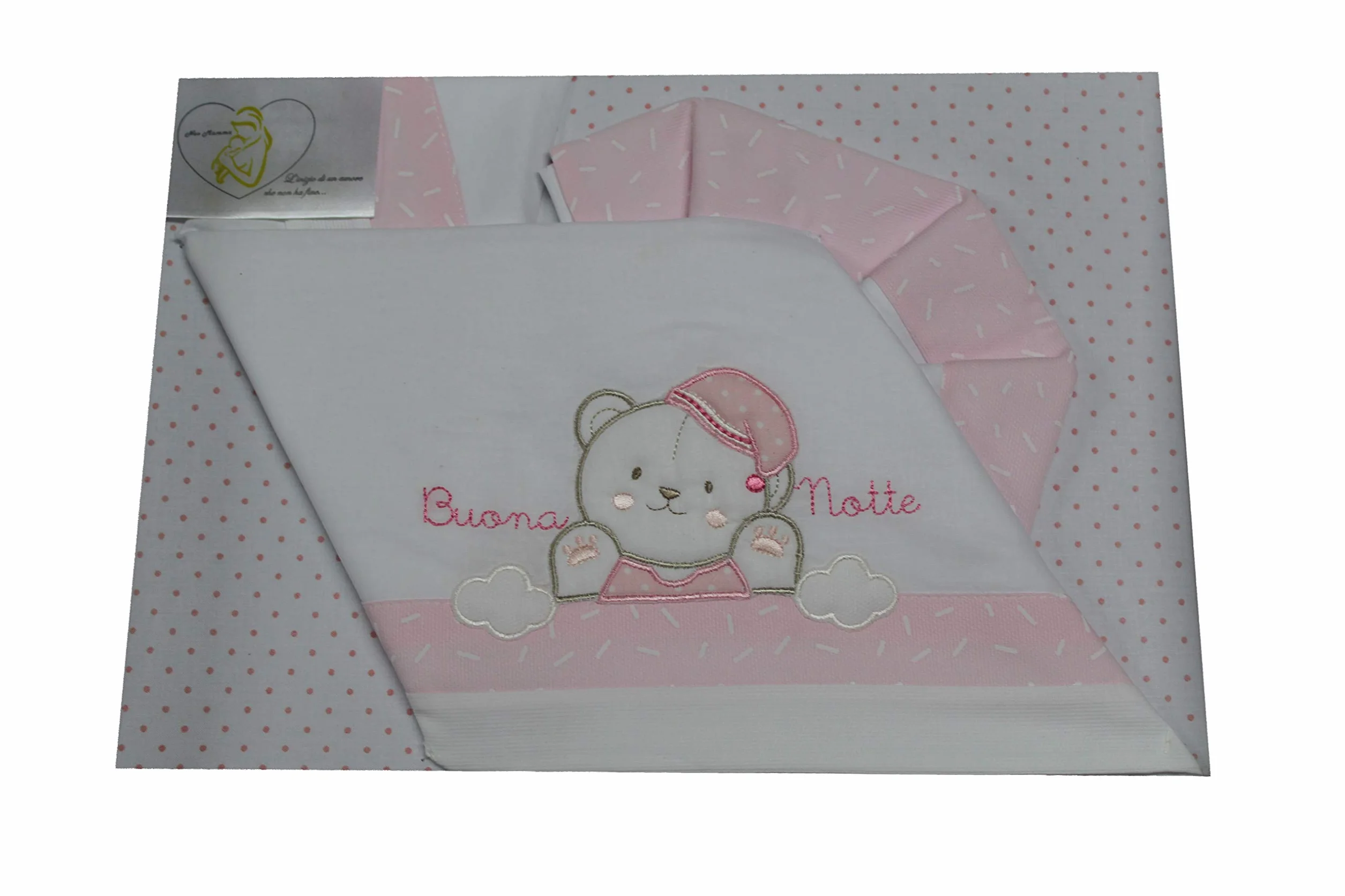 Set per culla in cotone 3 pezzi con ricamo del nome personalizzato. Federa, lenzuolo e coprimaterasso con elastico