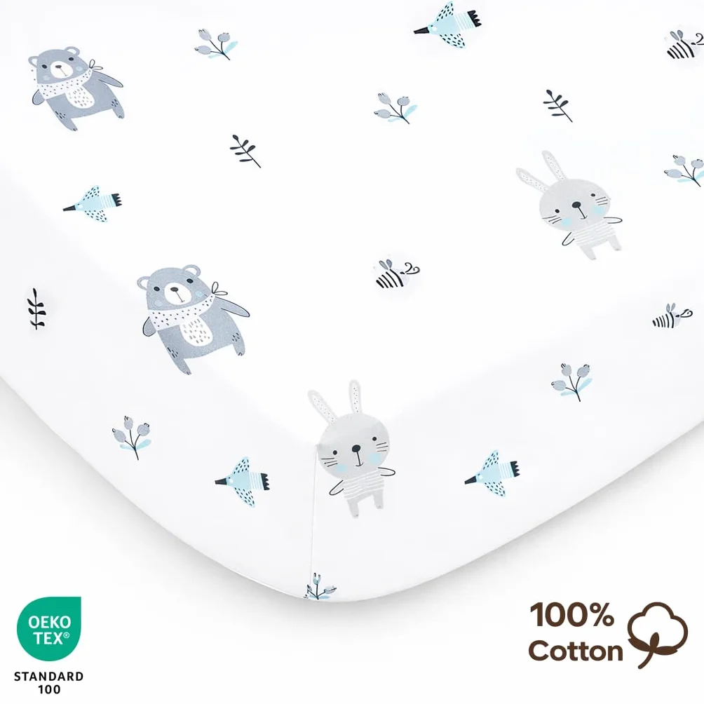Lenzuolo con angoli, 50 x 89 cm (X2), 100% cotone, Oeko-Tex – 2 lenzuola compatibili con Babybay, morbido e traspirante (animali blu, 50 x 89 cm)