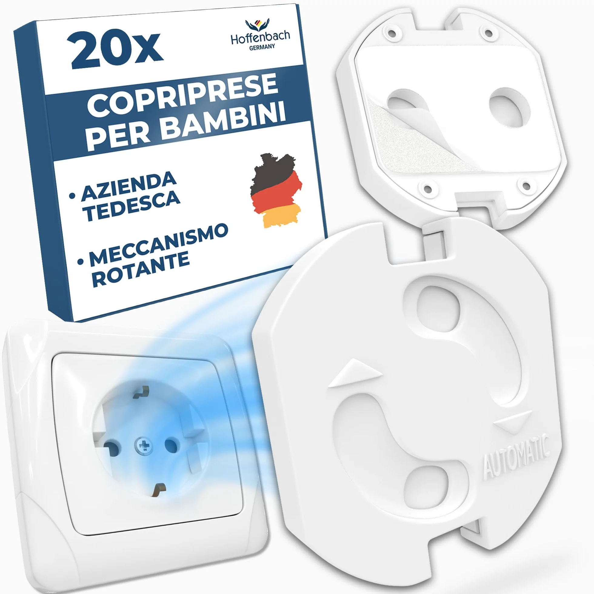 Hoffenbach Set di 20 prese elettriche con meccanismo rotante - Protezione per neonati e bambini - Copripresa di sicurezza per evitare incidenti e scosse elettriche - Presa elettrica - Bianco