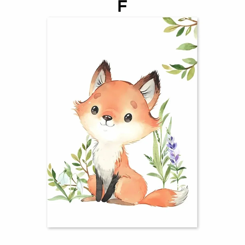 Youihom 6 Quadro Animali Bosco Quadretti Personalizzati Bimba Poster con Lettere del Nome Bambini Stampe Cameretta Neonato Volpe Orso Scoiattolo Cervo Marrone Verde Quadri Tela 21x30 senza Cornice