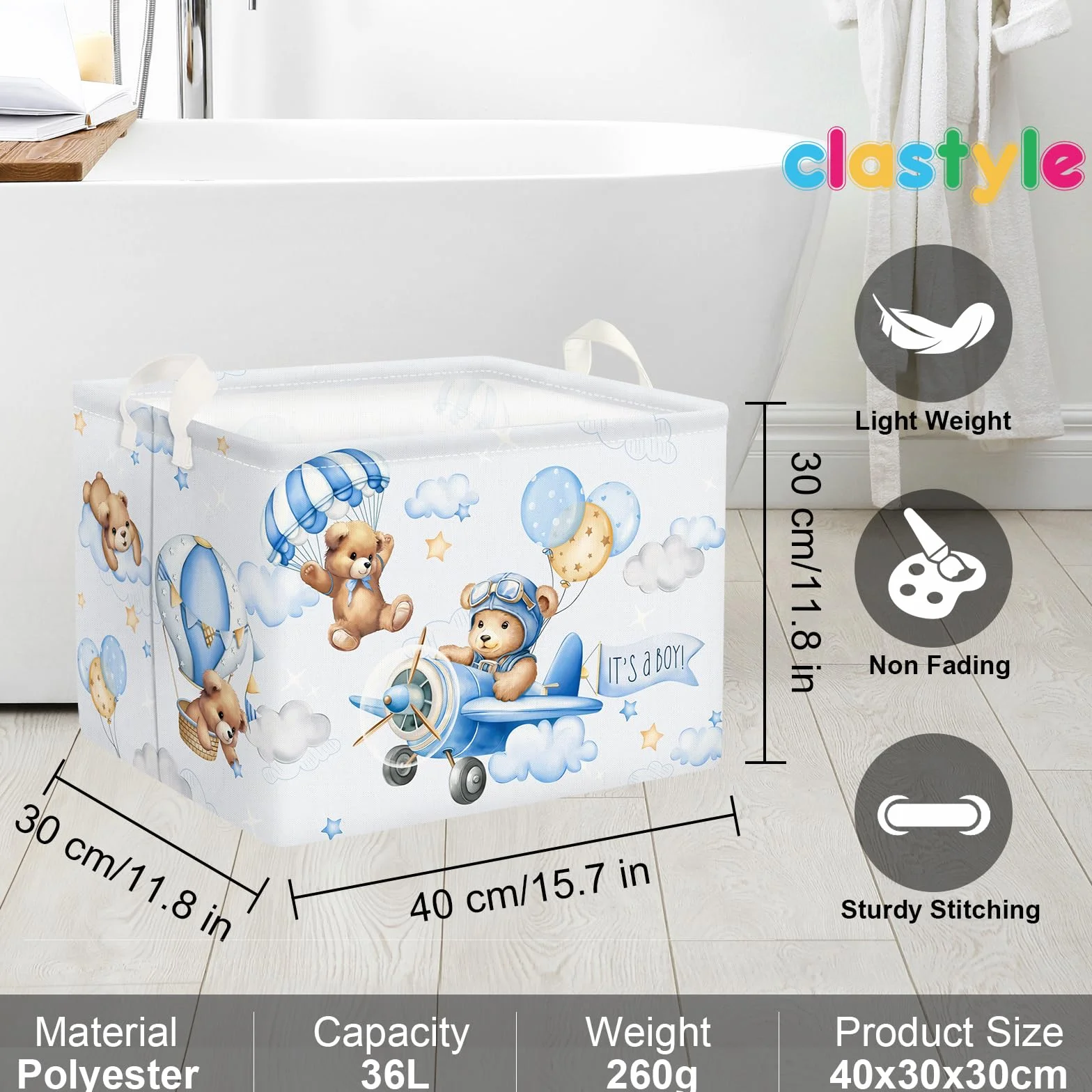 Clastyle Grande Cestino Portaoggetti Orso Pilota Palloncini Blu con Maniglia Ceste per la Biancheria Pieghevole Rettangolare Vestiti Giocattolo per Camera dei Bambini Bagno