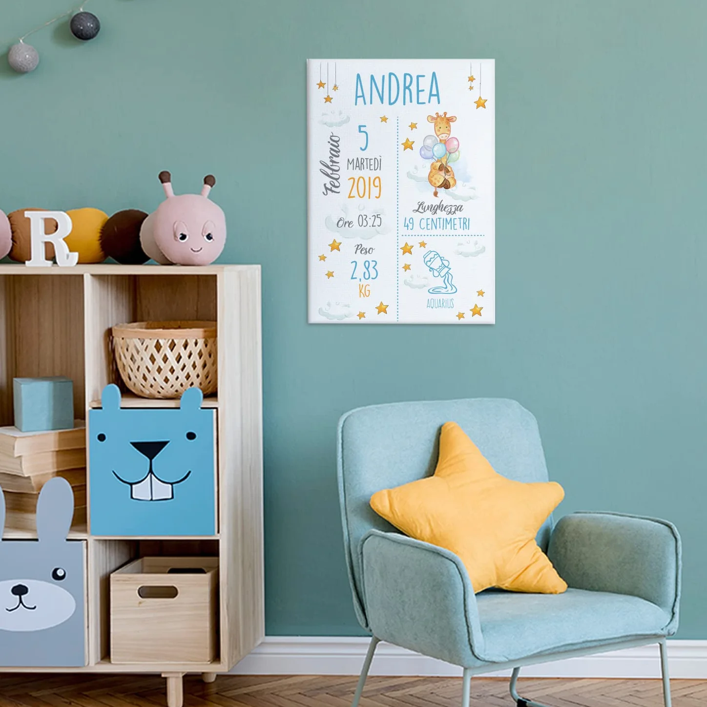 Babloo Quadro in Tela Quadretto Nascita Personalizzato Idea Regalo Bimbo Neonato Grafica Giraffa 30X40cm (Azzurro)