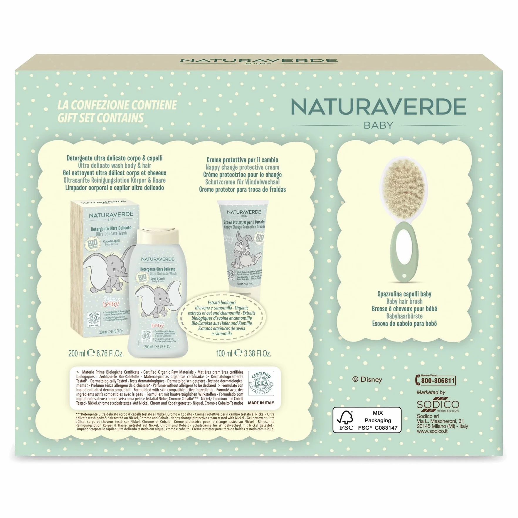 NATURAVERDE BIO BABY | Bio Disney Baby Detergente Delicato C&C 200ml + Crema Protettiva per il Cambio 100ml + Spazzola Capelli - Set Delicato per la Cura dei Più Piccoli