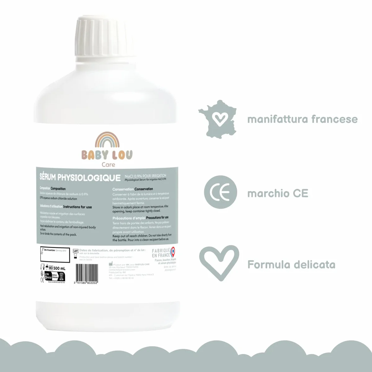 Siero fisiologico in bottiglia 4x500ml | NaCl 0,9% | Prodotto in Francia | Lavaggio delle fosse nasali | Igiene del naso | Per irrigazione esterna