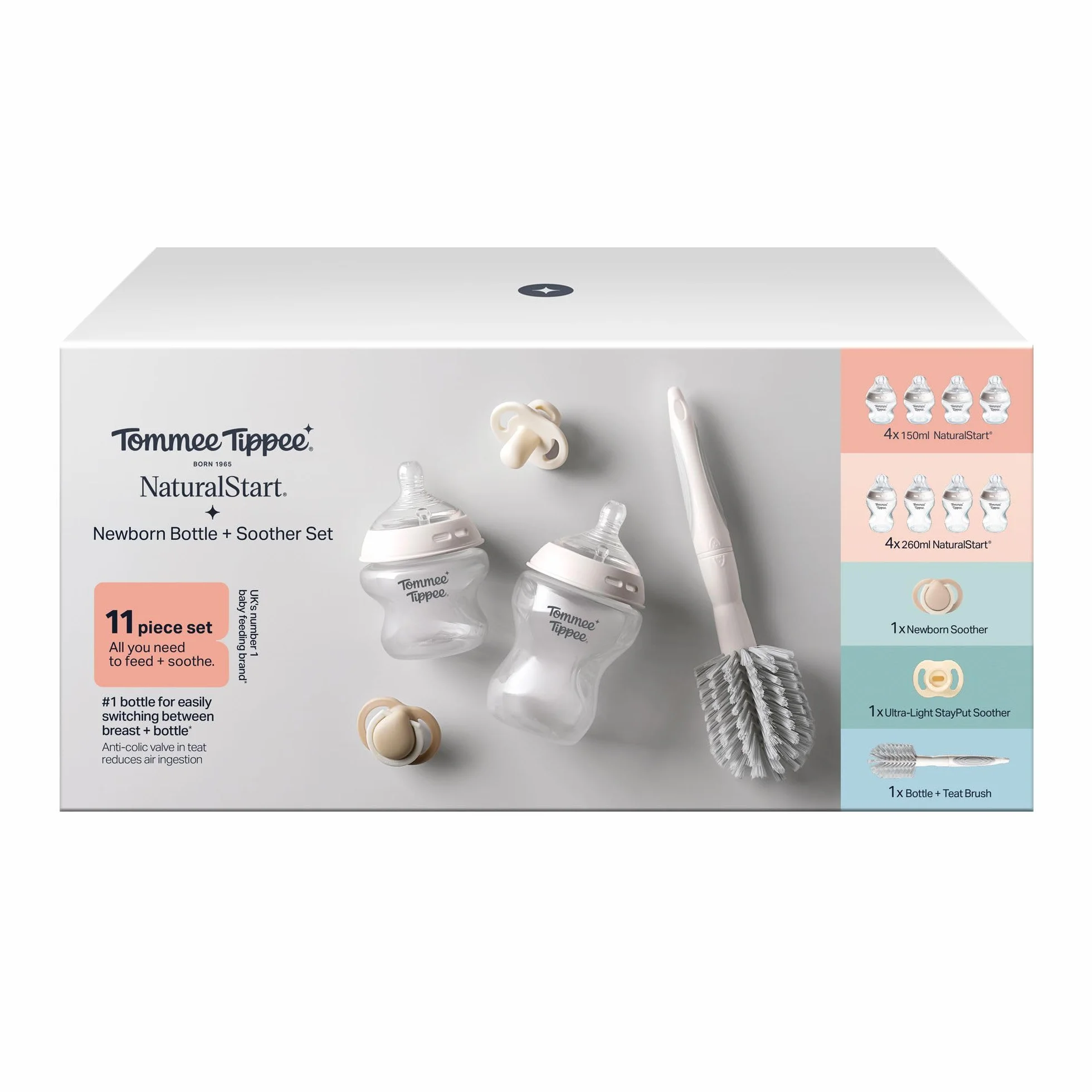 Tommee Tippee Starter Set, Comprensivo di Biberon Natural Start Autosterilizzanti da 150ml e 260ml con Tettarelle a Flusso Lento e Super Lento, Ciuccio Neonato Newborn e Ciuccio StayPut Ultraleggero