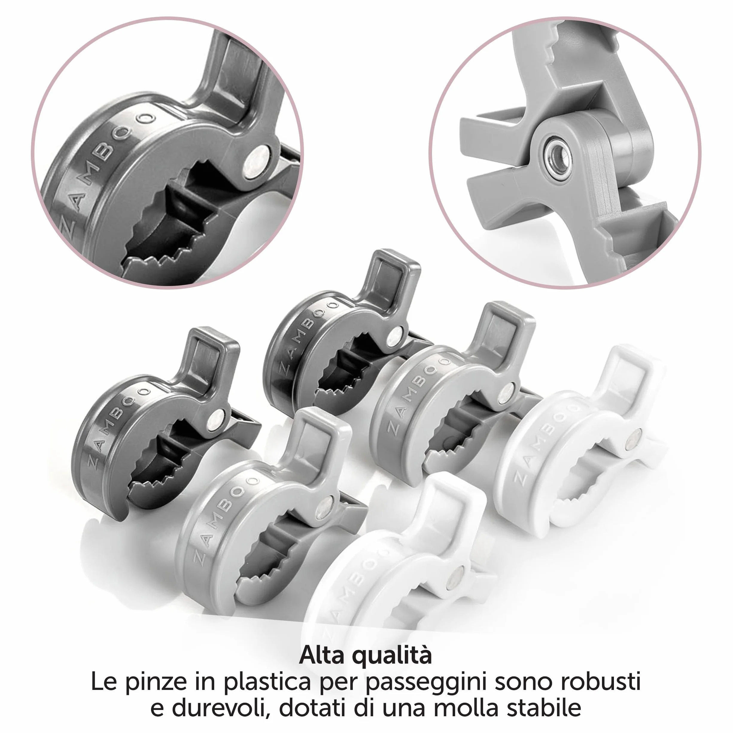 Zamboo Set di Mollette Passeggino - Pacco da 6 Ganci Passeggino Universali per il Fissaggio Facile e Veloce di Accessori Passeggino - Bianco Grigio