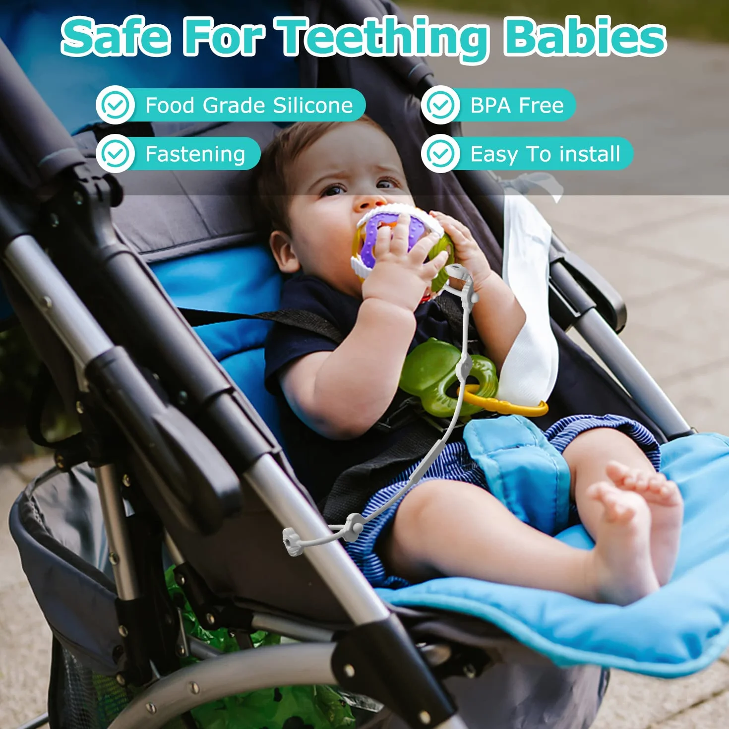 Set di 4 cinture di sicurezza per giocattoli, in silicone Pacifier, per snack, con cinghie, per passeggino, seggiolone, culla, ragazzi e ragazze di 3 mesi