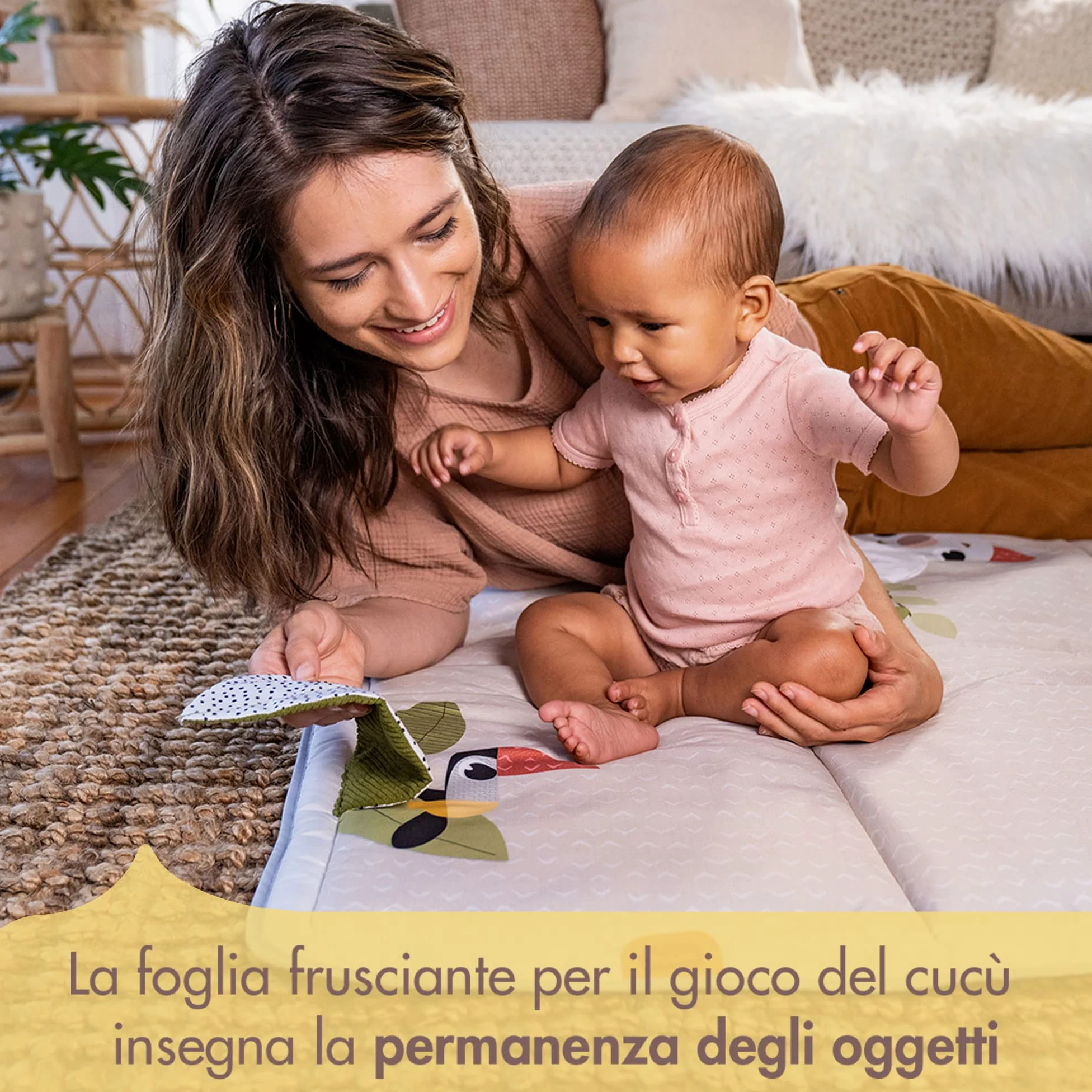Tiny Love Super Mat Tappeto Sensoriale Bambini XL (150x100 cm), 0+, 6 Attività, Specchio, Sonaglino, Gioco Frusciante, 12 Carte Traguardo, Boho Chic