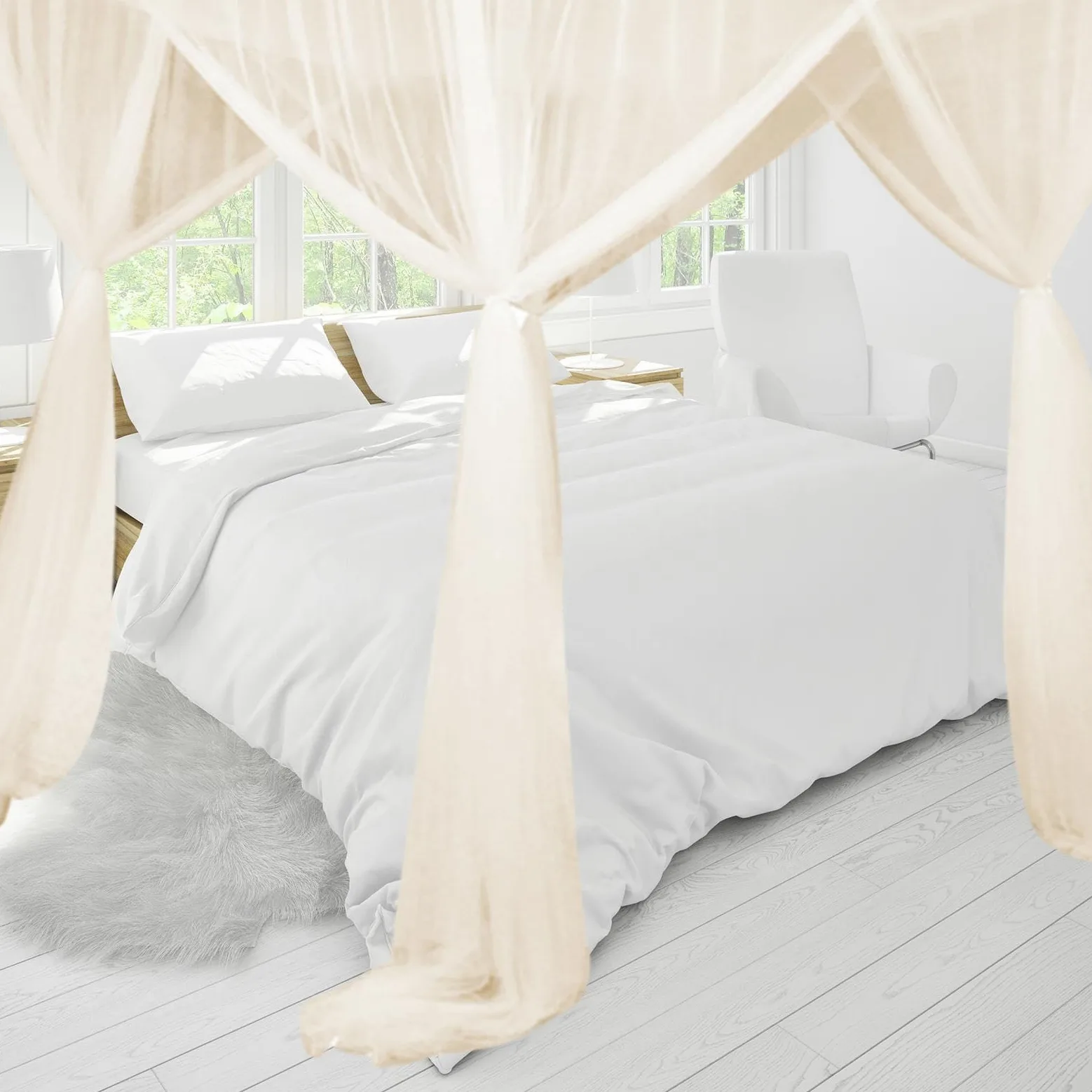 Baoblaze Tenda a baldacchino con 4 pali ad angolo, zanzariera, letto matrimoniale e singolo, zanzariera, letto matrimoniale per casa, cameretta dei bambini, viaggio all'aperto, beige
