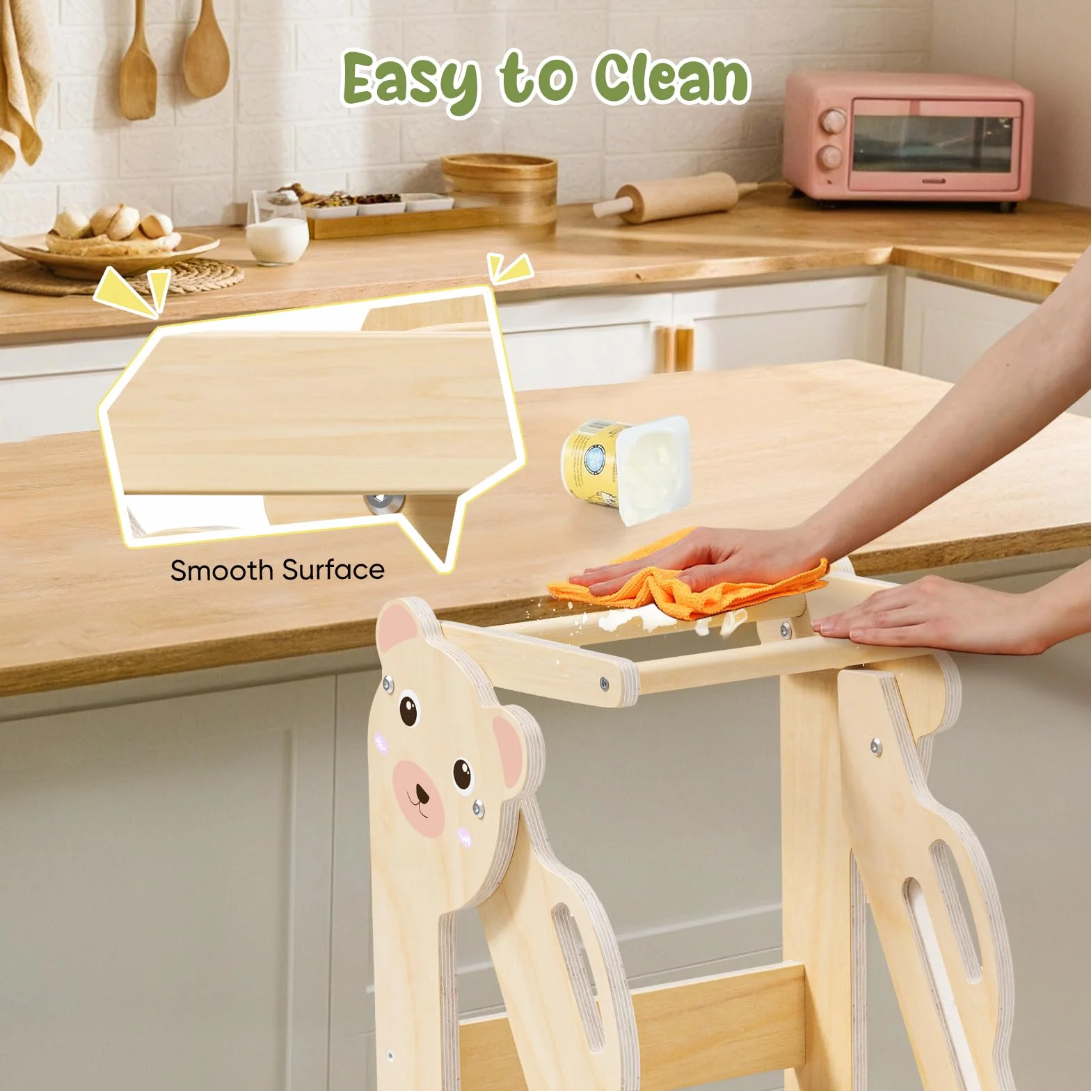 Torre di Apprendimento Pieghevole, 3 Altezze Regolabili, Fold Legno Torre Montessoriana da 1 a 6 Anni per Bambini, Montessori Learning Legno Naturale Kitchen Helper