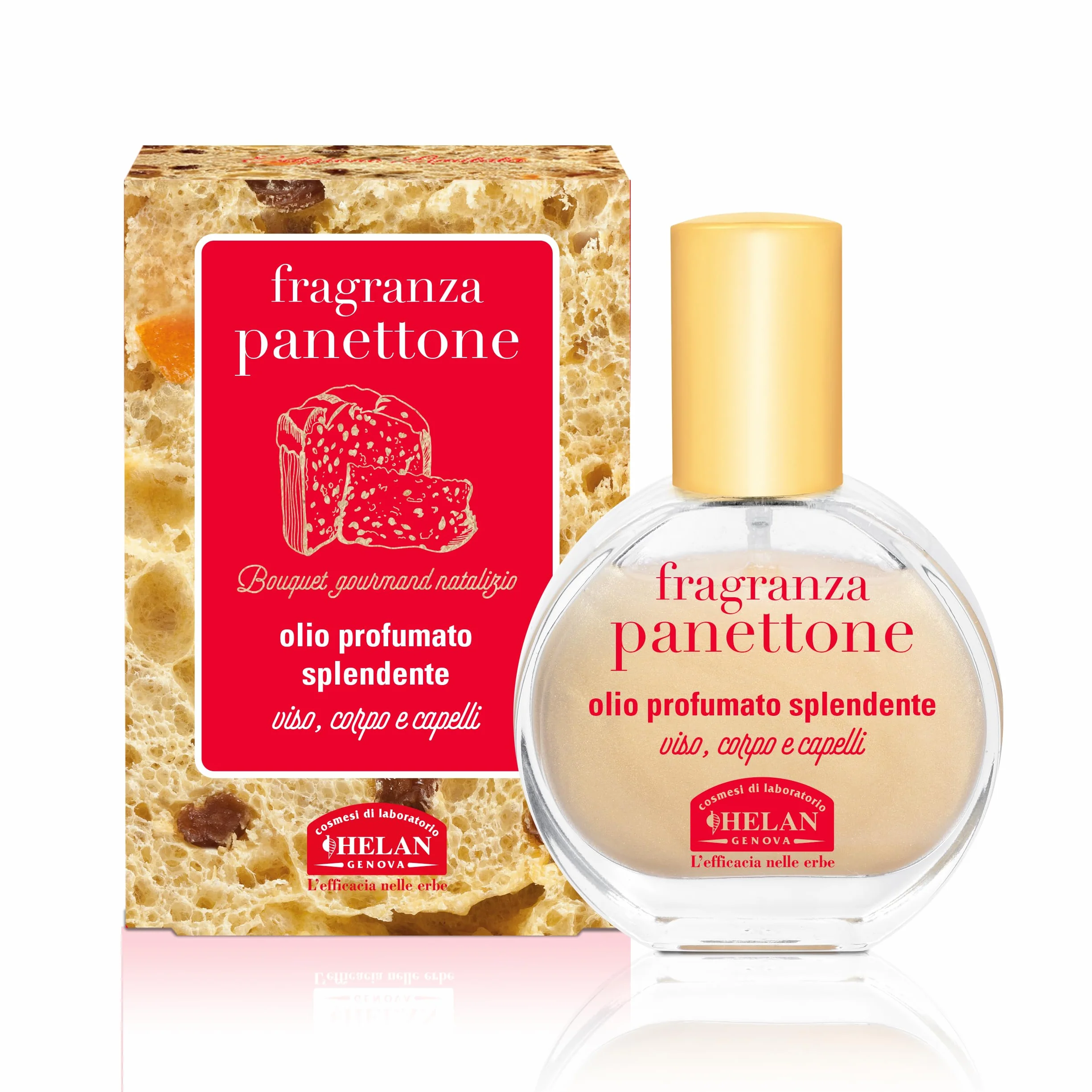 Helan Fragranza Panettone - Olio Capelli e Corpo Profumato Multiuso, Olio Secco Spray Luminoso anche Viso e Barba 100% Vegetale con Vitamina E, Mandorle Dolci, Oliva e Rosmarino, 30 ml, Made in Italy