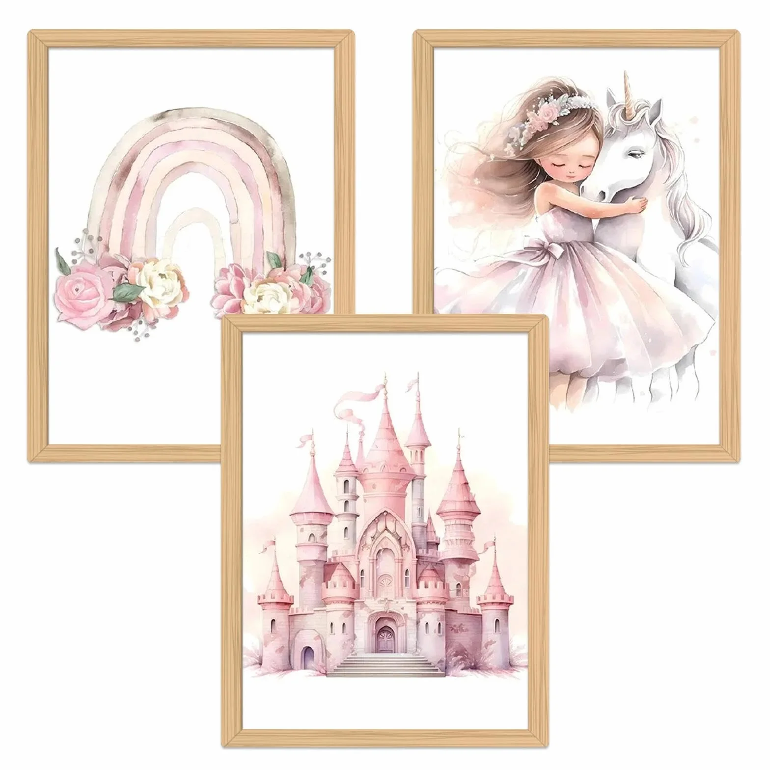 Zamety Poster da Parete Ragazza, Quadro Camera da Letto 30×40cm, Set di 3 Poster Arcobaleno Unicorno Principessa e Castello, Stampe da Parete Adatto per Camerette per Bambine, Senza Cornice