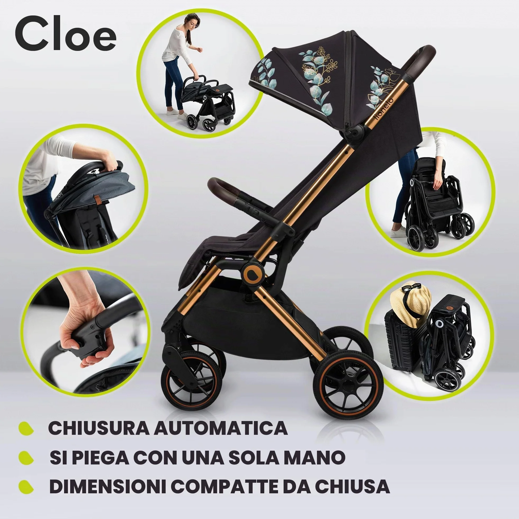 LIONELO Cloe Passeggino leggero e pieghevole per bambini da 0 fino a 22kg Schienale regolabile Posizione nanna Impermeabile, Cinture a 5 punti, Ruote XXL, Zanzariera, Portabicchieri (Momenti d'oro)