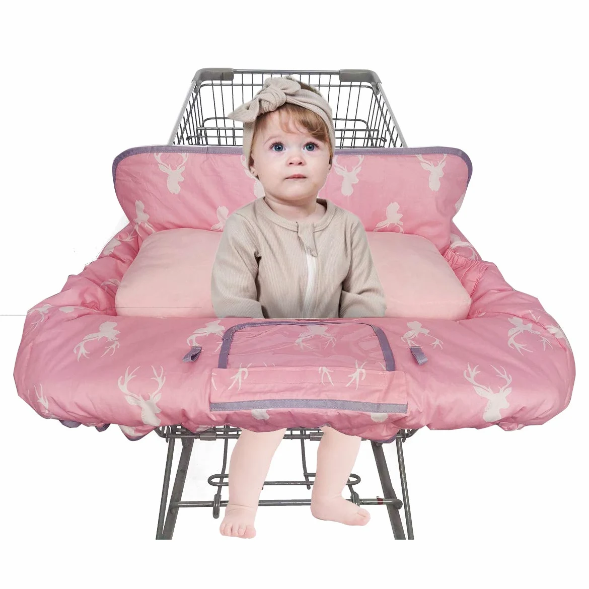 Coperture del carrello della spesa per neonata con cuscino di supporto, Copertina del carrello di cotone per neonati, Copri seggiolone per bambini, Lavabile in lavatrice, Degisn, Grande (cervo rosa)