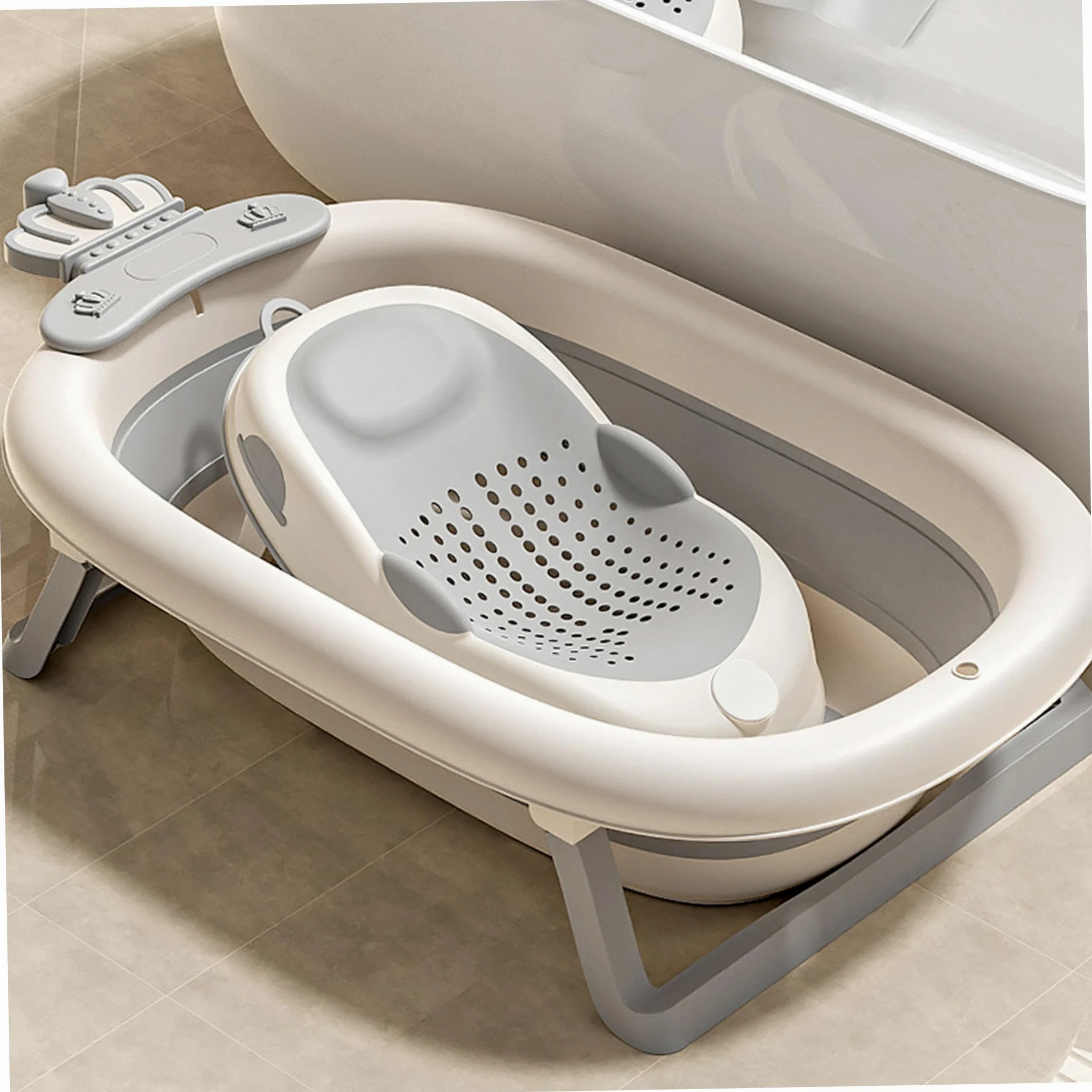Supporto per bagnetto, seggiolino per vasca da bagno antiscivolo con supporto morbido per la colonna vertebrale e piedini pieghevoli, grigio