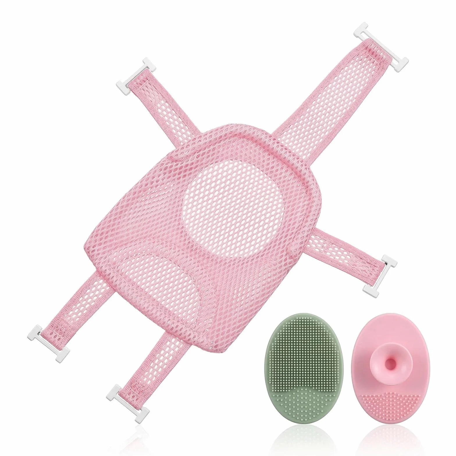 1 pezzo Cuscino per il bagnetto del neonato, Supporto per neonati, Rete antiscivolo, Due spazzole per shampoo incluse, Tappetino da bagno galleggiante per bambini (5 angoli)(Rosa)