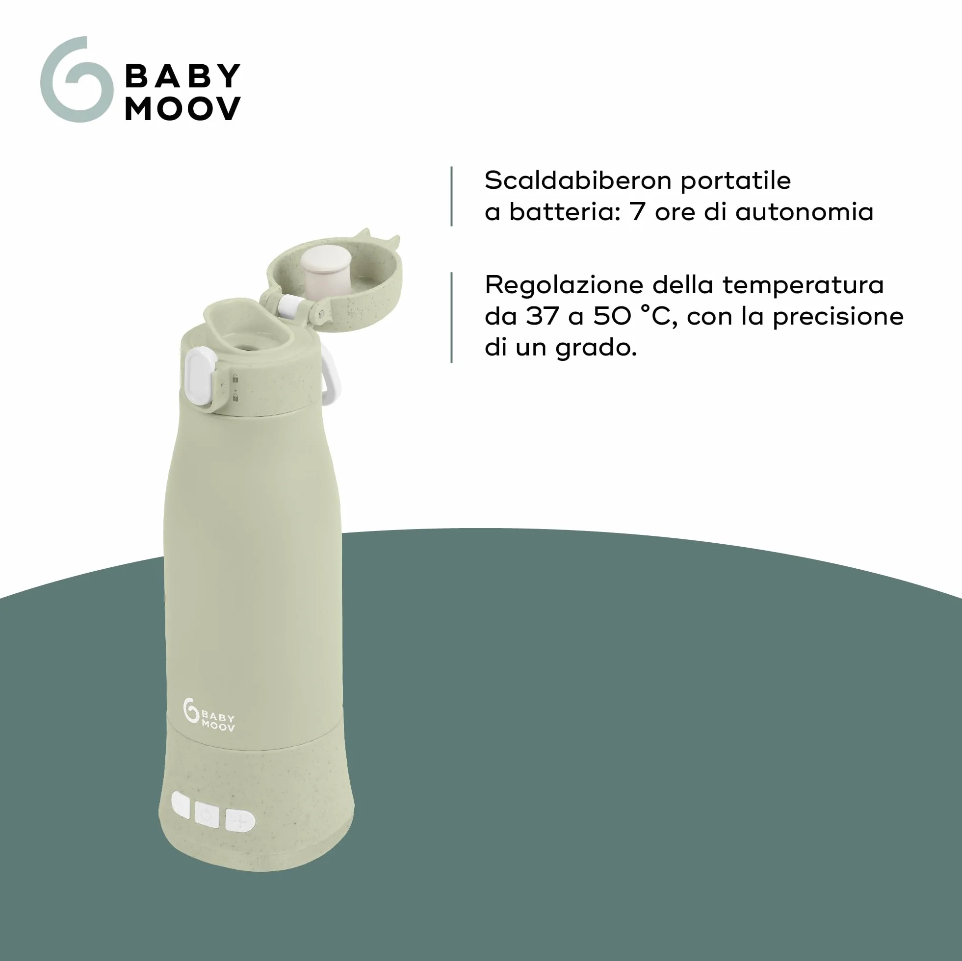 Babymoov Scaldabiberon da Viaggio Senza Filo Moov & Feed, Capacità 340 ml, Acqua o Latte Materno, Temperatura Regolabile, Mantenimento al Caldo (fino a 7 Ore), Ricarica USB, Sage Green
