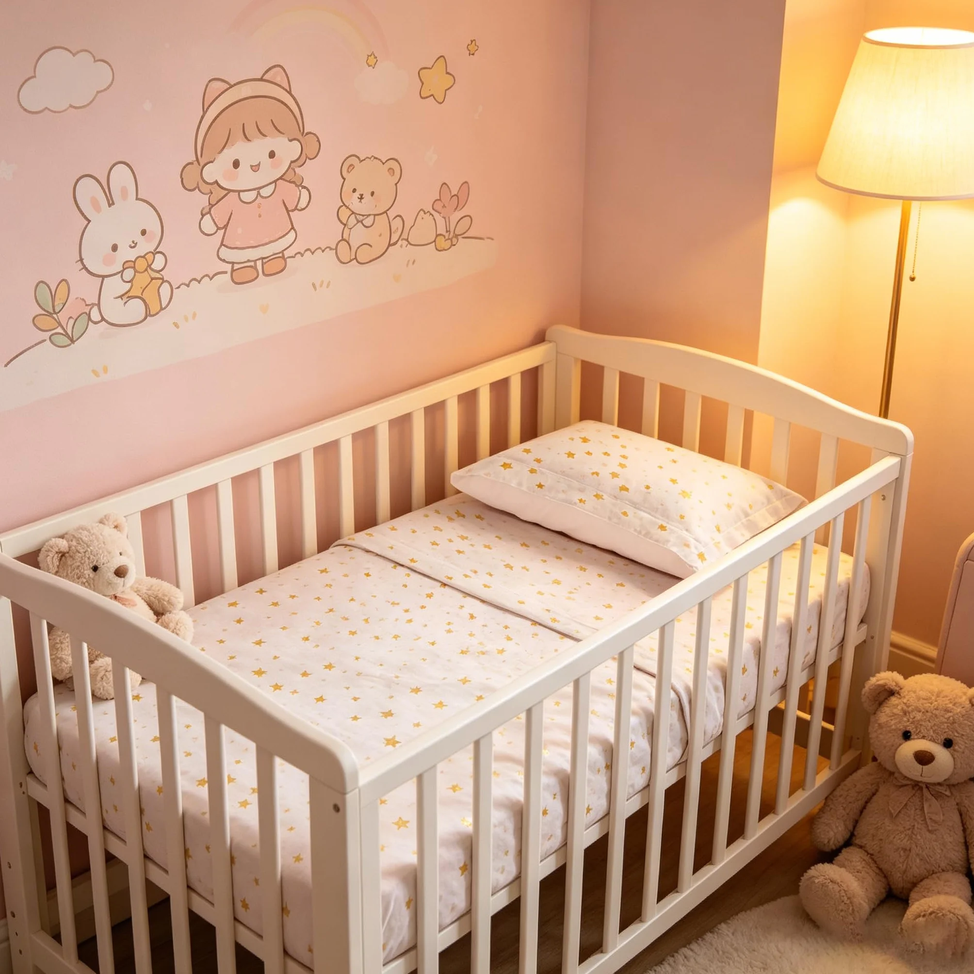 various Set Lenzuola Lettino Neonato 60x120 cm, 100% Cotone Extra Morbido, Include Lenzuolo con Angoli, Lenzuolo Sopra e Federa, Biancheria Letto Bambino Traspirante Motivo Stelle Beige