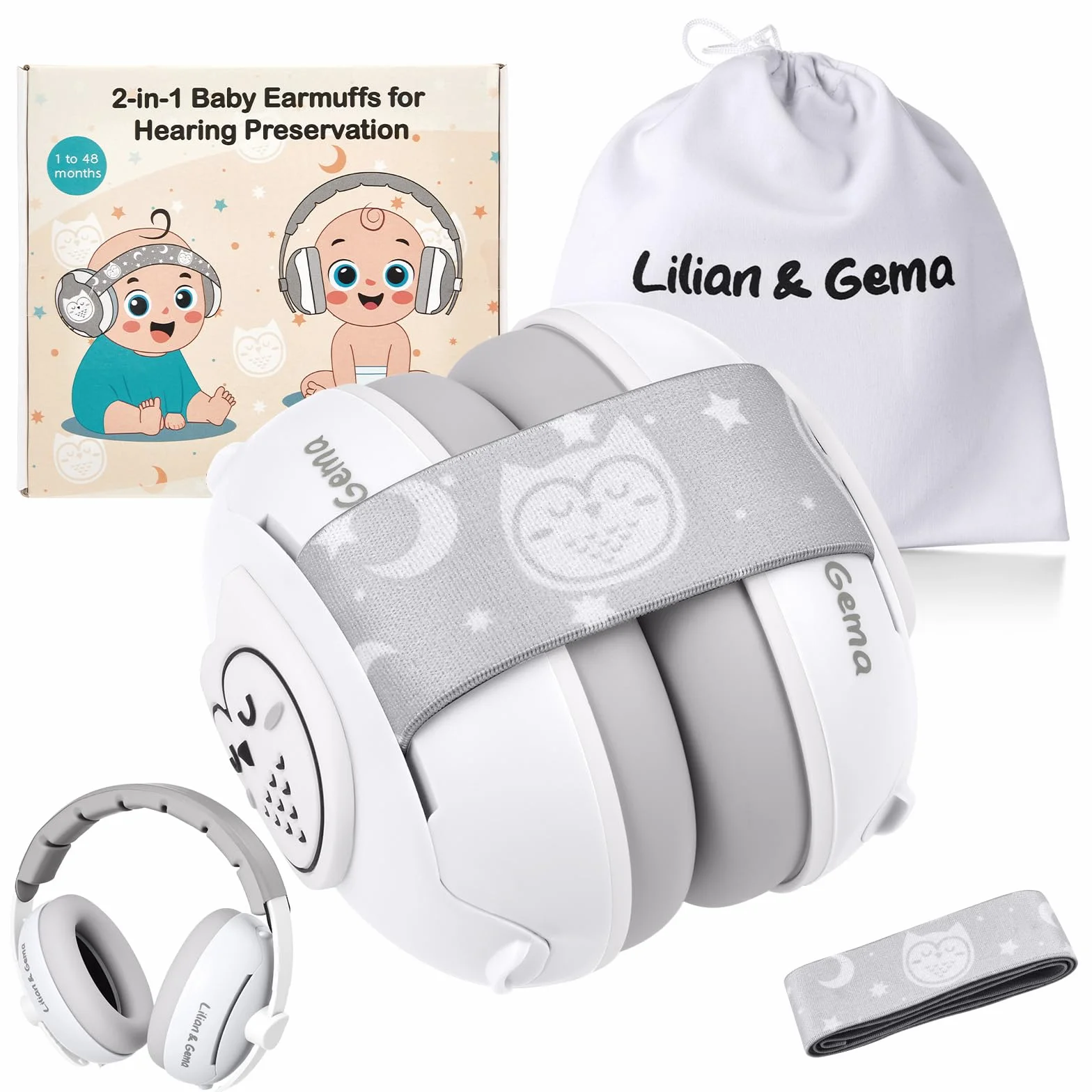 Lilian&Gema 2 in 1 Cuffie Neonato Antirumore -25dB,Protettori acustici per neonati, archetto regolabile, antiscivolo e antistress, protezione acustica ideale per neonati fino a 48 mesi