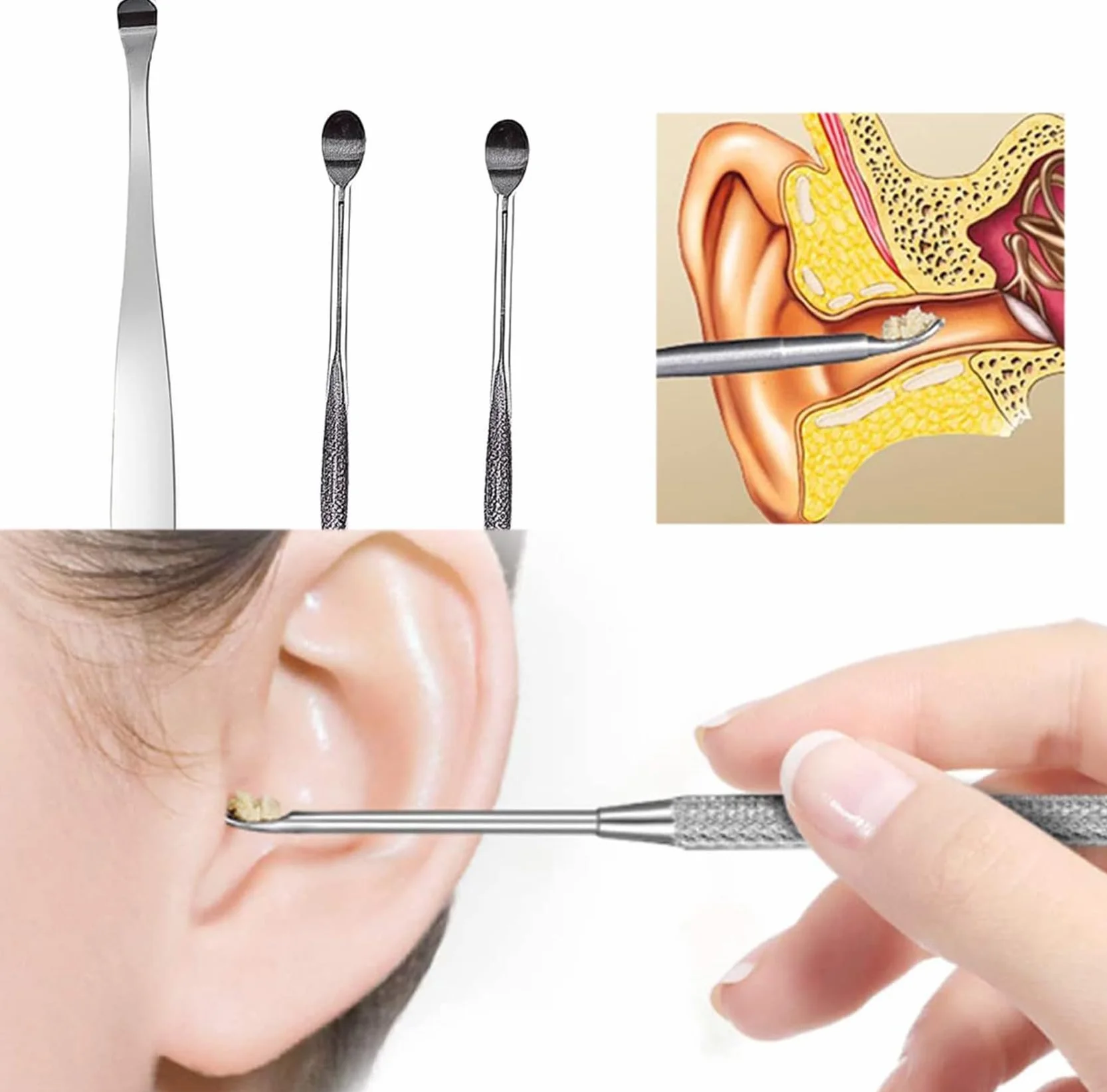 Pulisci Orecchie, 6 Pezzi Kit Pulizia Orecchio, Strumenti per Pulizia dell’Orecchio in Acciaio Inox, Pulisci Orecchie Cerume