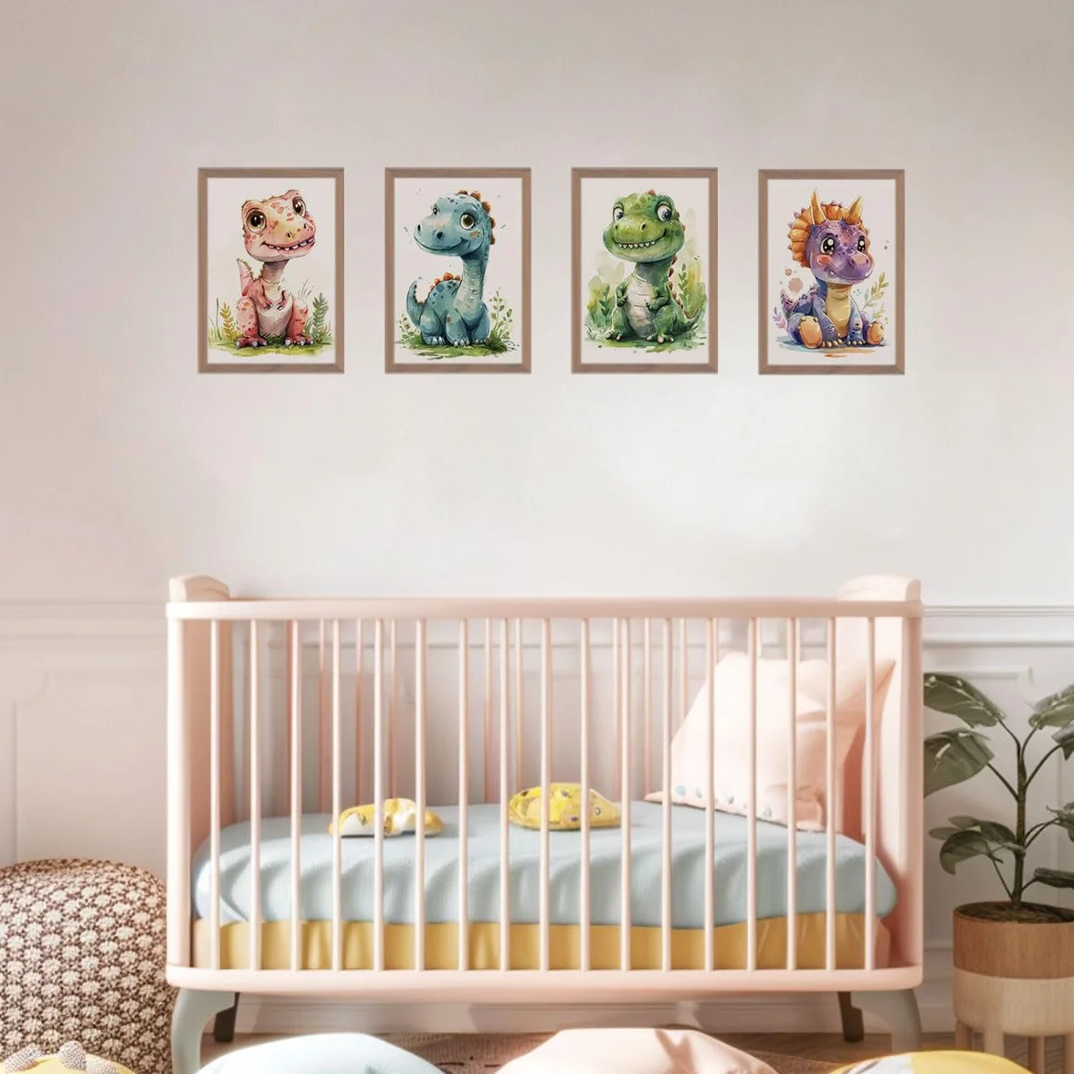 GHIBLI Set 4 poster decorativi per la cameretta dei bambini, quadri per bambino o bambina, quadretti decorazioni per camera bambini, formato A4, immagini dinosauri. Cornici non incluse (Set 1)