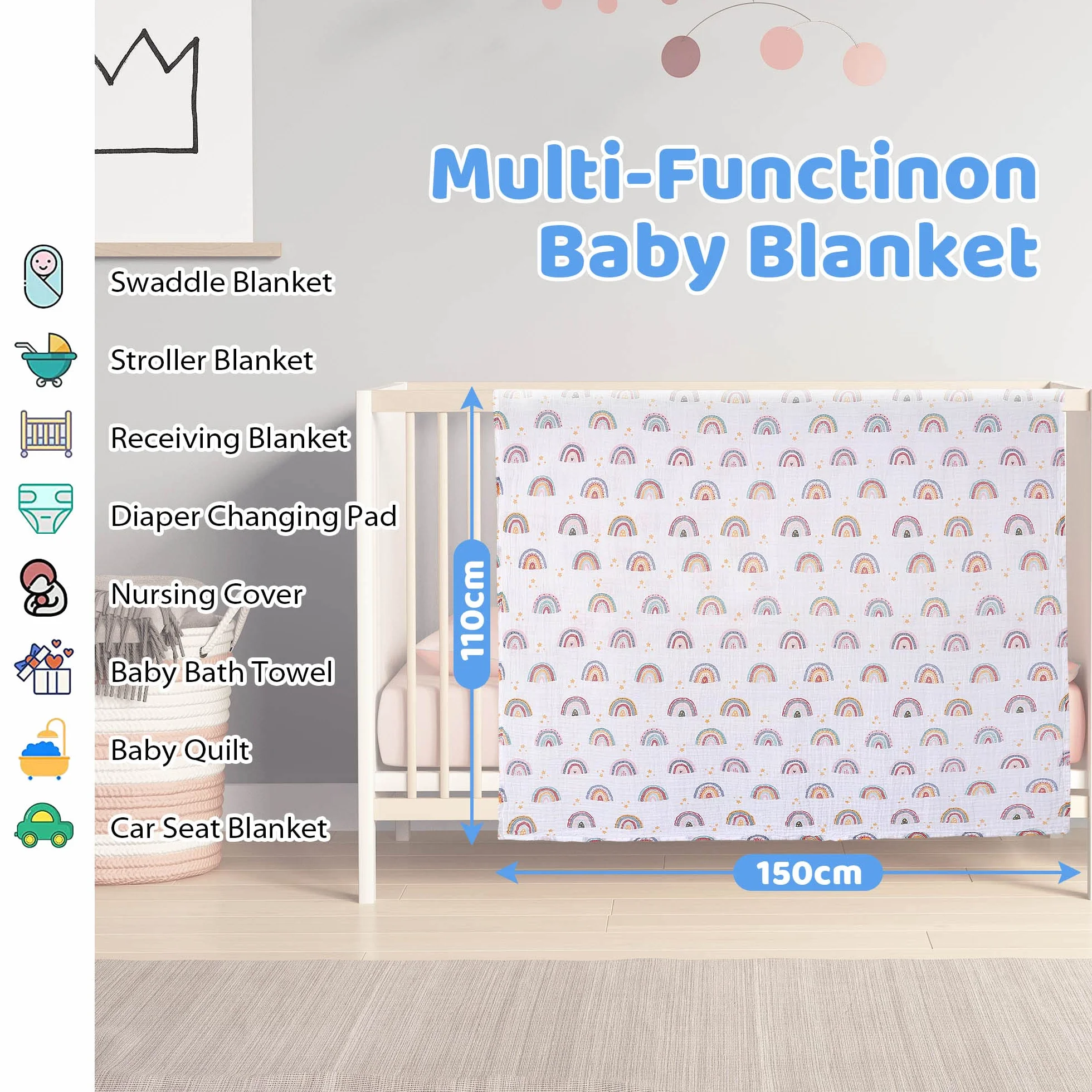 Miracle Baby Coperta di Mussola, 150x110cm Swaddle Cotone Estate, Coperta in 100% Cotone, Telo Bagno, Regalo per Bambini, Copertura per Allattamento Neonati Ovetto, Singolo Strato, Arcobaleno