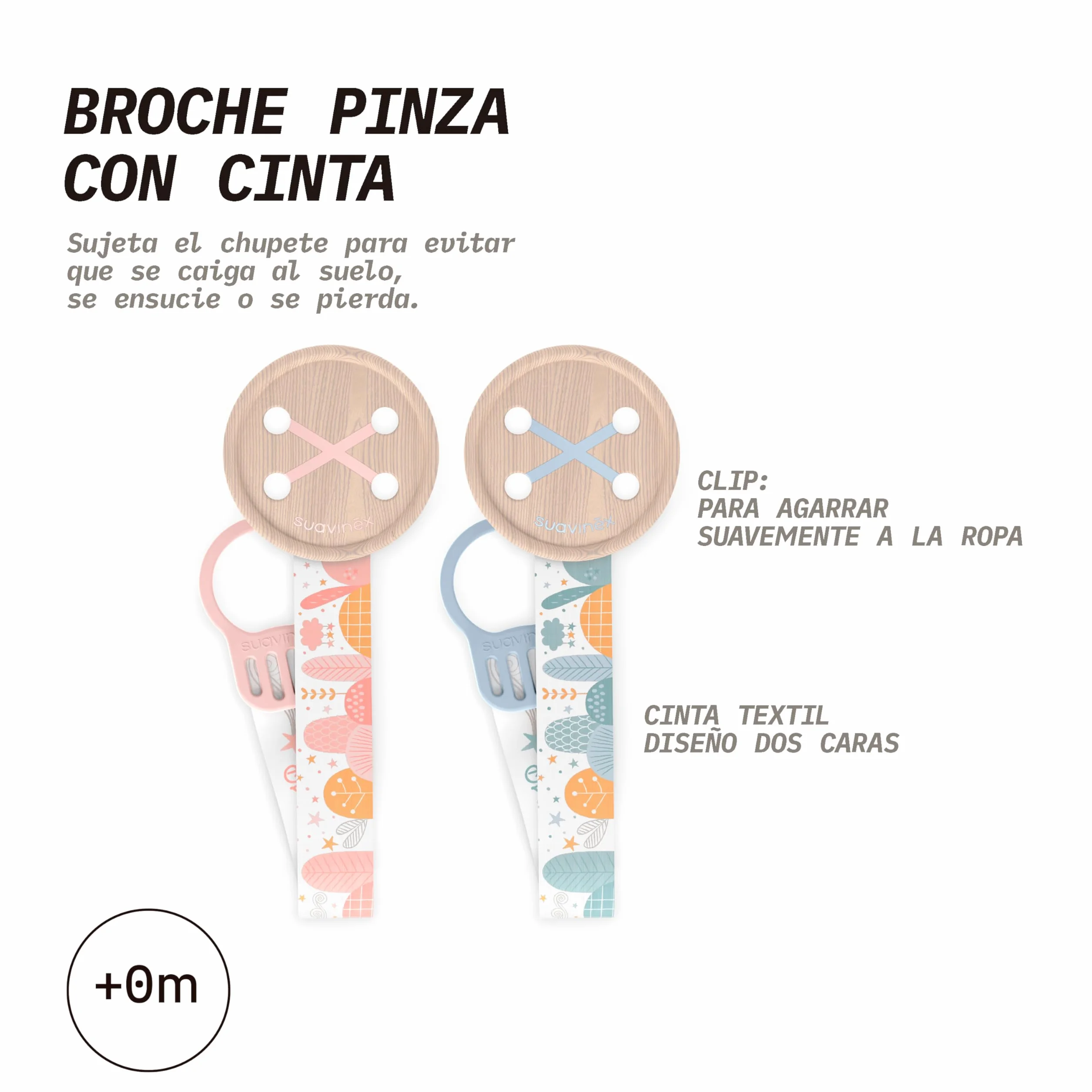 Suavinex, Portaciuccio con catenella in tessuto per bambini, Nastro con design reversibile, Catenella per ciuccio, Portaciuccio con clip. Per Bambini +0 Mesi, Adatto ai Neonati, Dreams Rosa