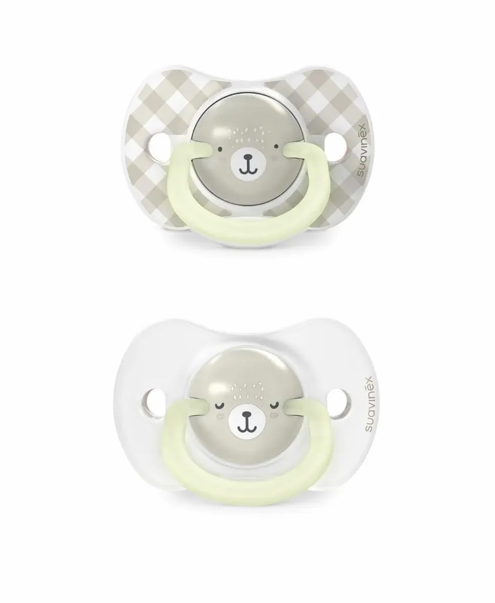 Suavinex, Pack de 2 Chupetes que Brillan en la Oscuridad, Bebés 6/18 Meses, para Dormir, con Anilla Fluorescente y Tetina Fisiológica SX Pro de Silicona, Plana y Flexible, Beige