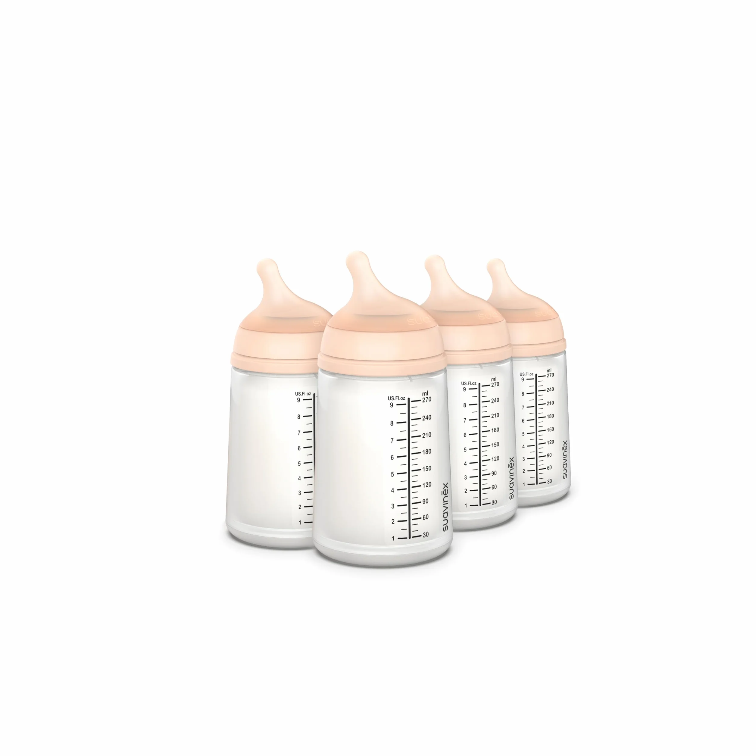 Suavinex, confezione 4 biberon anticolica Zero Zero 270 ml tettina flusso medio (M) in silicone, latte materno, latte artificiale, liquidi a media densità, compatibile con allattamento al seno, Fair