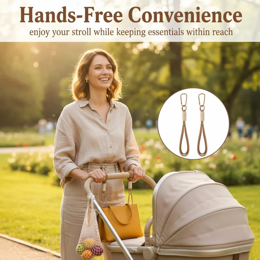 2 Ganci Passeggino - Universale Ganci per Passeggino Porta Borse - Supporto per Appendere Borse, Zaini e Borsa della Spesa, Antiscivolo, Cuciture Forti - Marrone Caffè