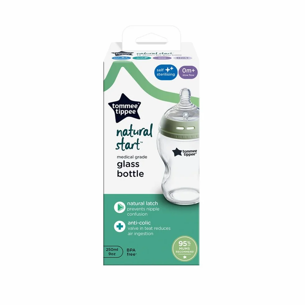 Tommee Tippee Biberon in vetro anti-colica Natural Start 250 ml, con tettarella simile al seno materno, valvola anti-colica, autosterilizzante, 1 pezzo