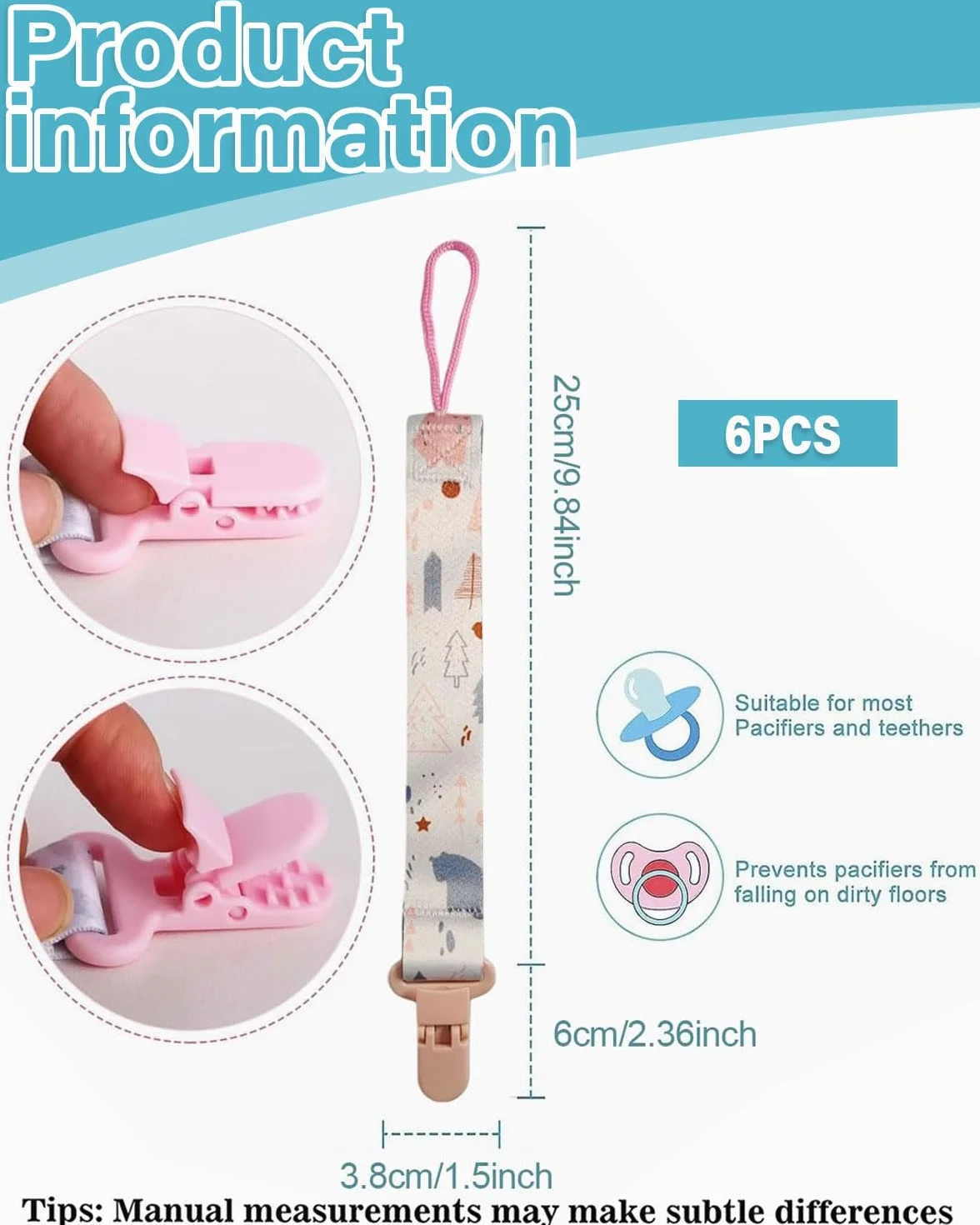 6 Pezzi Ciuccio Catena per Bambini, Catenella Porta succhietto Ciuccio Clip Adattatore per Neonato per Nascita Battesimo Baby Compleanno Natale Regalo