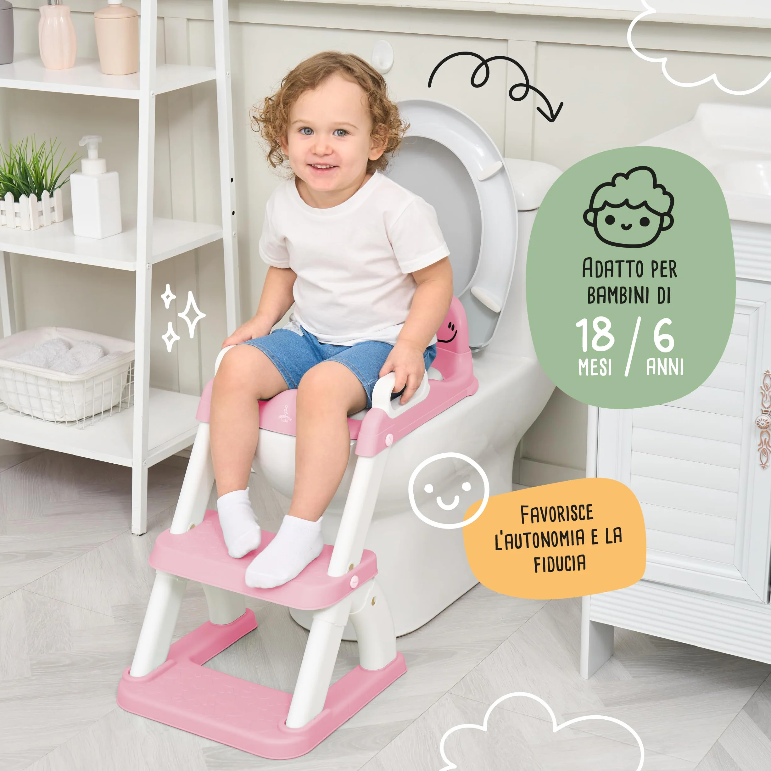 Riduttore WC Bambini con Scaletta – Sedile WC Pieghevole per Apprendimento Autonomo – Adattatore Toilette con Gradino Antiscivolo e Maniglie – Vasino Bambini